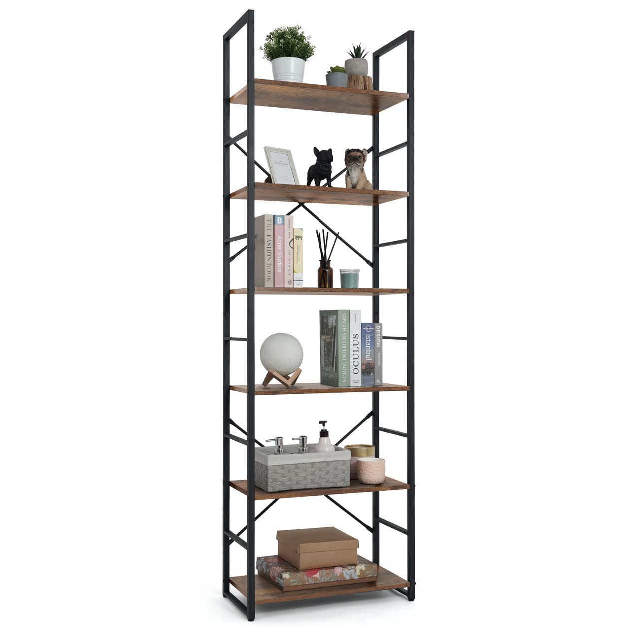 CAPHAUS 6-Tier Bookshelf - 24 Inch Wide Free Standing Bookcase with Metal Frame | Industrial Rustic Oak Vintage Shelf for Home Office, Living Room & Kitchen Storage | Perfect for Organizing Books, Decor & Kitchen Essentials