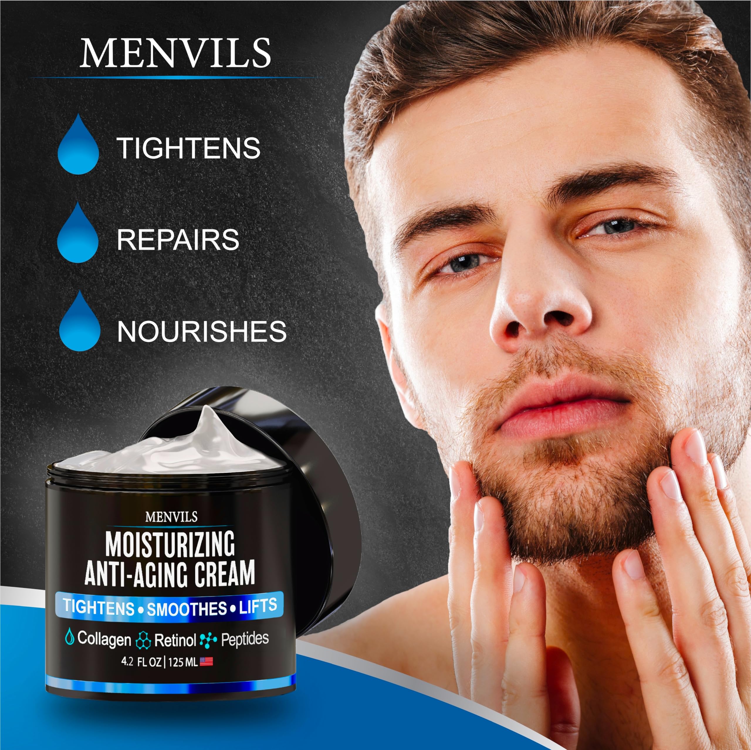 Best Anti Aging Face Moisturizer Cream for Men with Collagen & Retinol - Wrinkle Reducing Facial Cream with Peptides & Jojoba Oil - Day & Night Hydrating Skin Care Lotion (4.2 oz) - Perfect for Daily Skincare Routine & Travel