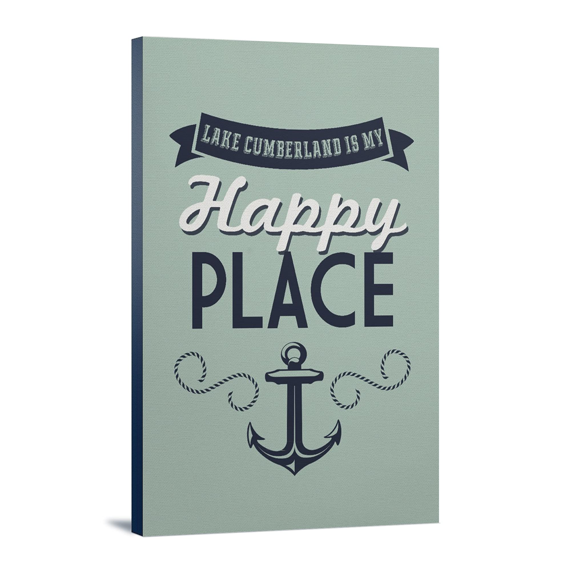Lake Cumberland Kentucky Happy Place Anchor Design Blue on Green 24x36 Gallery Wrapped Stretched Canvas - Perfect for Home Decor, Office Wall Art & Gift Giving