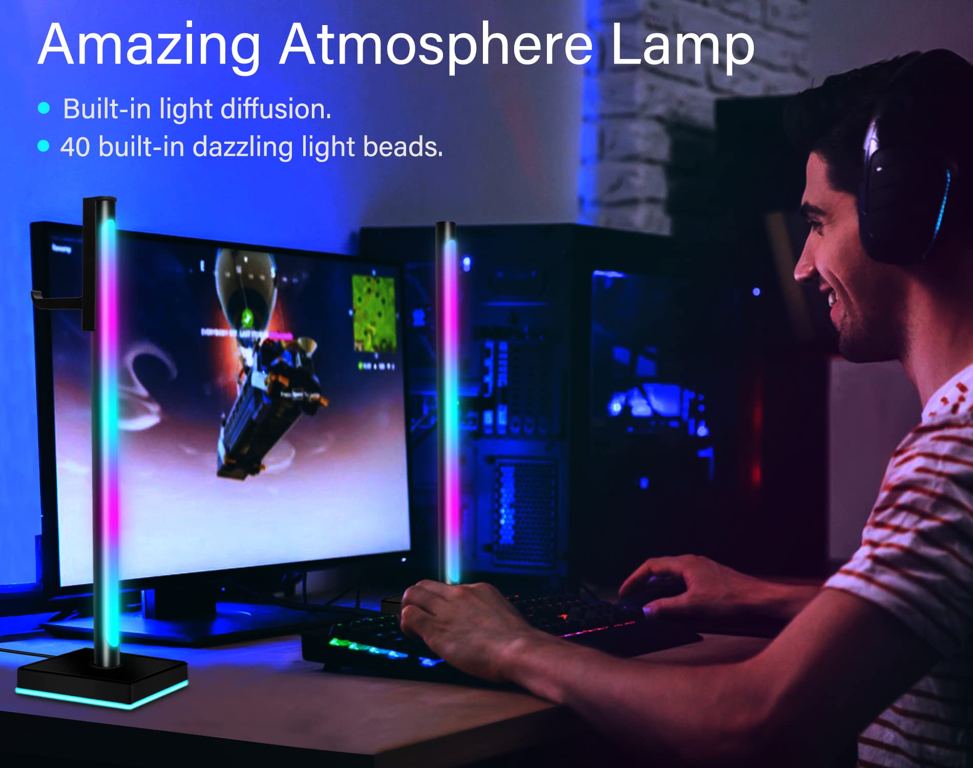 Premium RGB LED Gaming Headset Stand with Ambient Sound Sync - Dual Pack Headphone Holder with Dynamic Lighting for PC, PS5, Xbox Setup - Perfect for Streamers & Esports Enthusiasts Gaming Desk Accessories