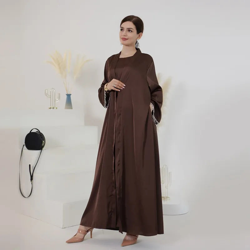 Elegant Muslim Women's Beaded Sleeve Satin Cardigan Open Abaya Dress for Eid, Wedding, Party & Special Occasions - Perfect for Islamic Celebrations, Festivals and Formal Events