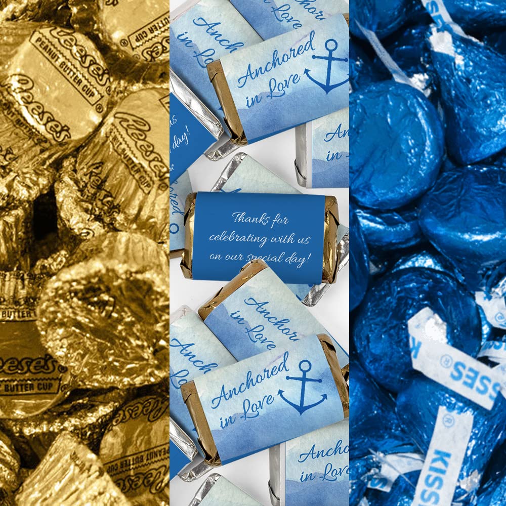 200pcs Personalized Wedding Candy Kit - Custom Wrapped Miniatures, Kisses & Peanut Butter Cups - Nautical Blue Party Favors for Guests - Perfect for Wedding Receptions, Bridal Showers & Candy Buffets
