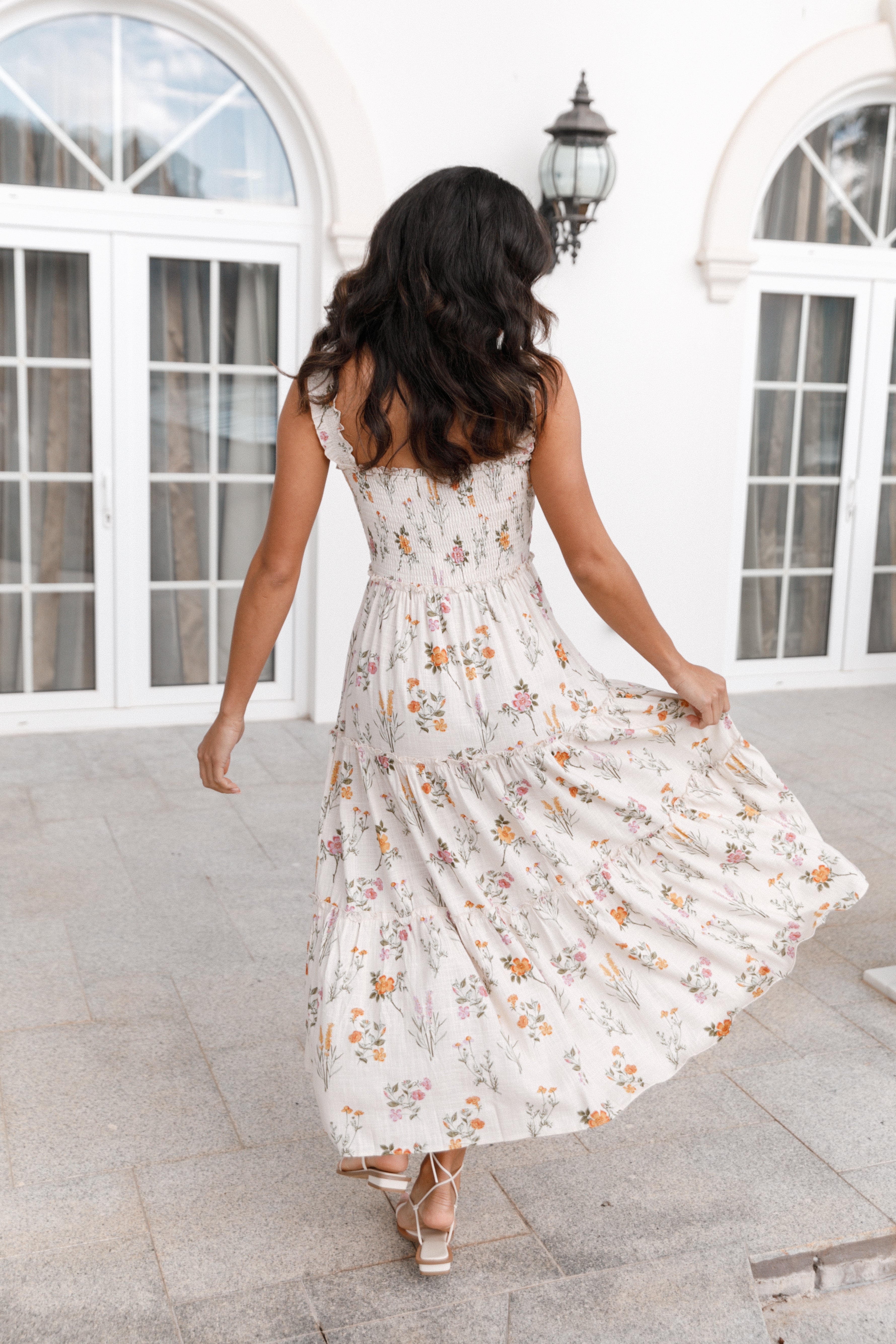 August Shirred Maxi Dress - Beige Floral Print Summer Dress for Women | Perfect for Beach Vacations, Date Nights & Casual Outings