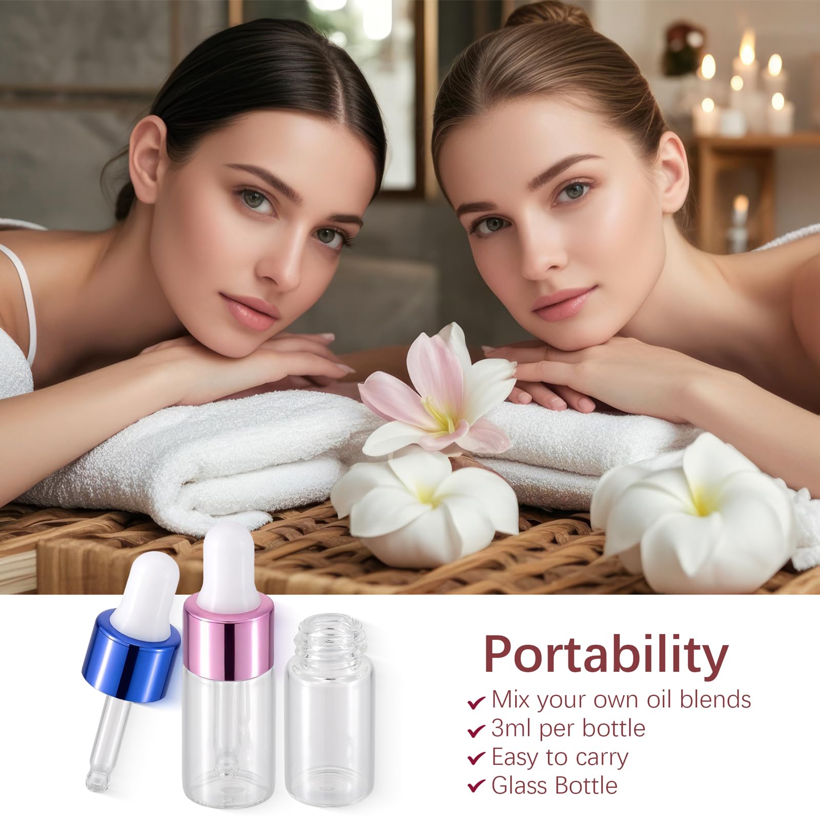 18pcs 3ml Glass Dropper Bottles with Purple Blue Pink Caps - Essential Oil Bottles, Cosmetic Sample Containers with Glass Dropper Lids + Free Funnel - Perfect for DIY Essential Oils, Perfumes, and Liquid Cosmetics