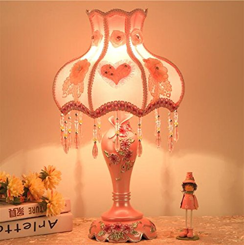 Tiffany Style Dimmable Table Lamp - Victorian Jeweled Desk Lamp with Floral Cloth & Resin Shade (Pink) - Perfect for Bedroom, Living Room, Office & Study Decor