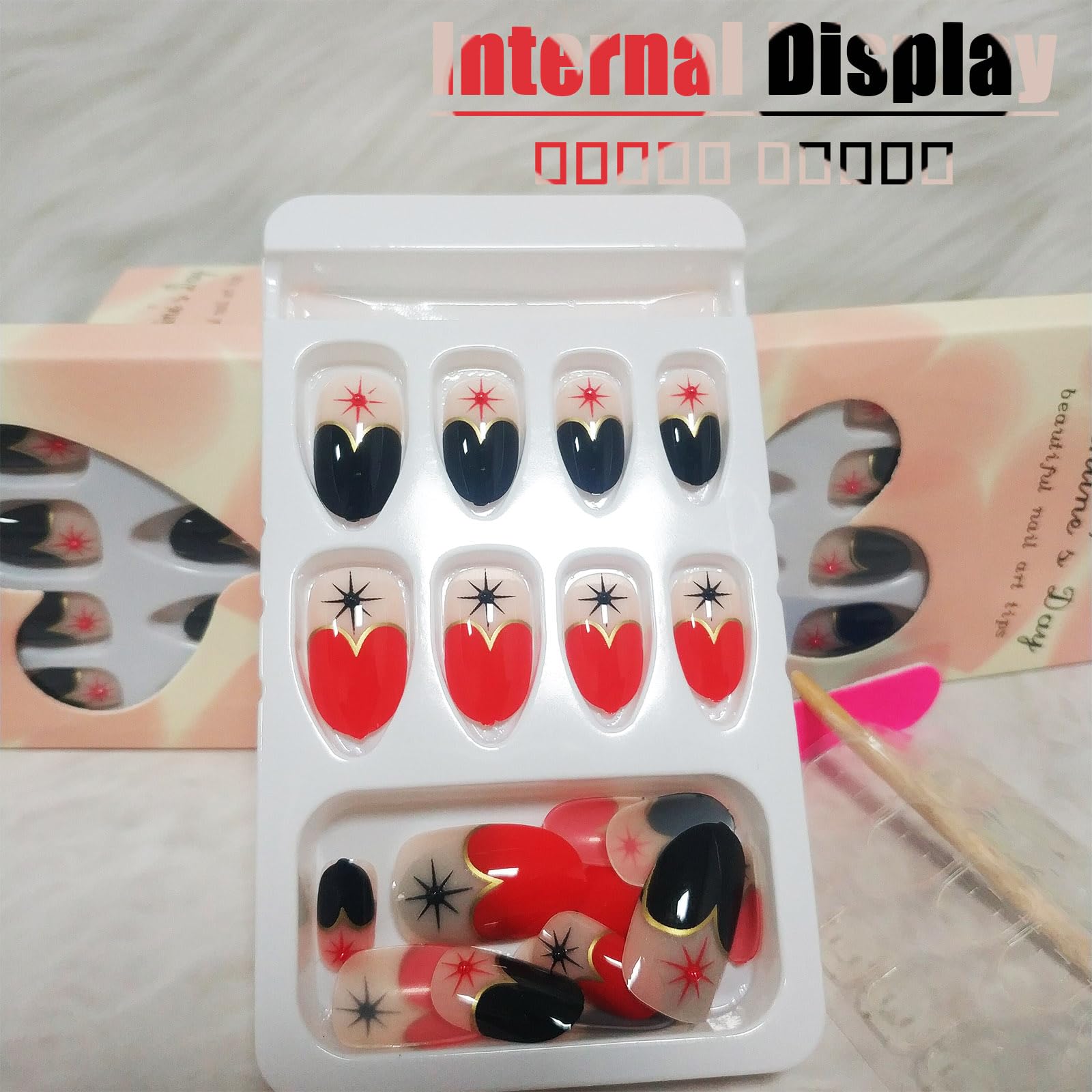 Red & Black Heart French Tip Press On Nails - Short Almond Fake Nails with Punk Design, Glossy Nude False Nails with Pearl Star Manicure Art - Easy Glue On Nails for Women & Girls - Perfect for Parties, Date Nights & Y2K Fashion Looks