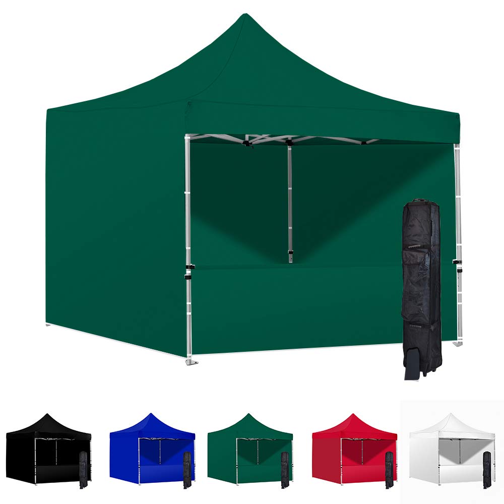 10x10 Instant Canopy Tent with 3 Full Walls & 1 Half Wall - Heavy Duty Waterproof Pop Up Shelter with Aluminum Frame - Portable Outdoor Party Tent for Camping, Beach, Picnic & Backyard Events (Green)