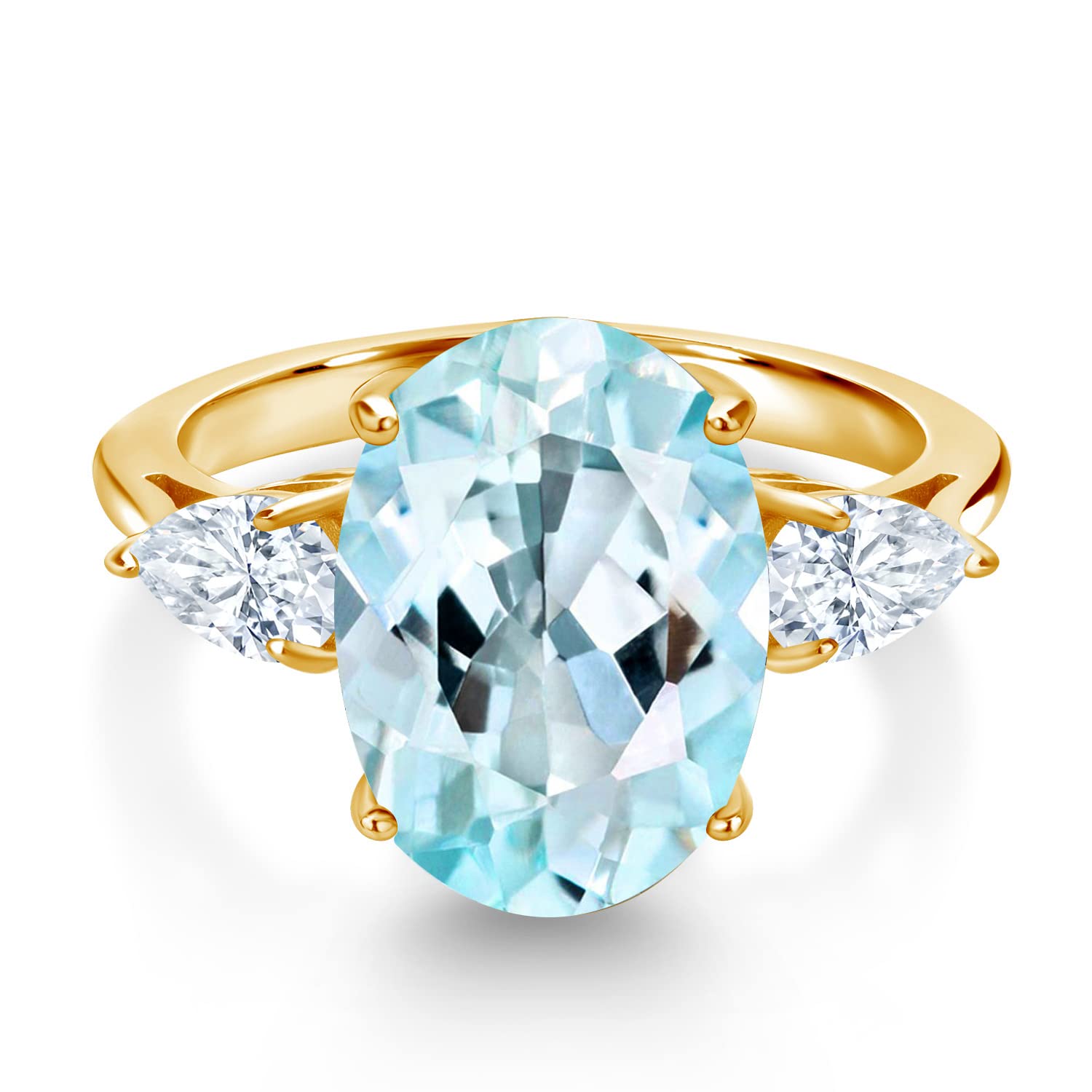 18K Yellow Gold Plated Silver 3-Stone Ring with Oval Sky Blue Topaz & Moissanite (6.98 CTTW) - Elegant Jewelry for Engagement, Wedding & Anniversary Gifts | Gem Stone King