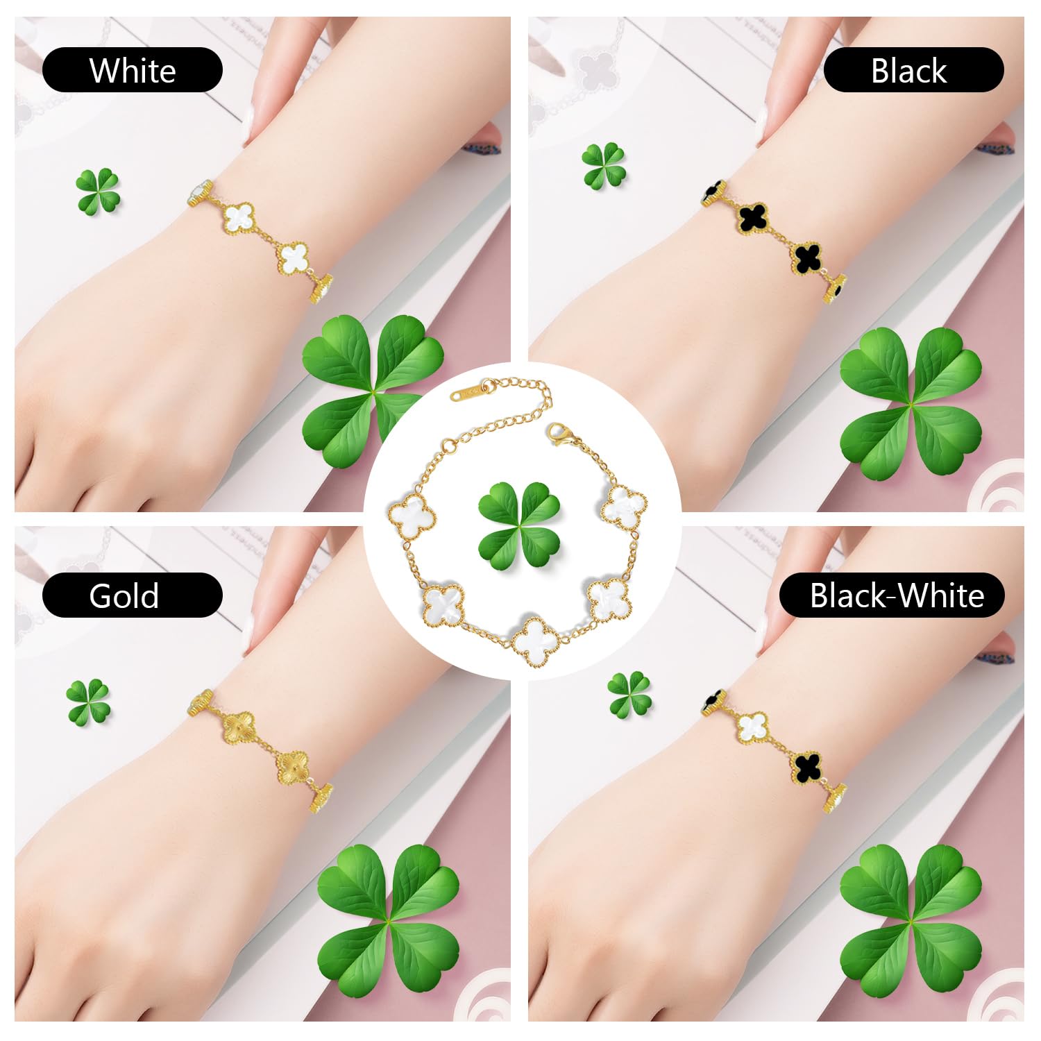 18K Gold Plated Clover Bracelet for Women - Lucky Four Leaf Clover Jewelry Set in Gold/White/Black | Elegant Gift for Christmas, Valentine's Day, Birthday & Everyday Wear