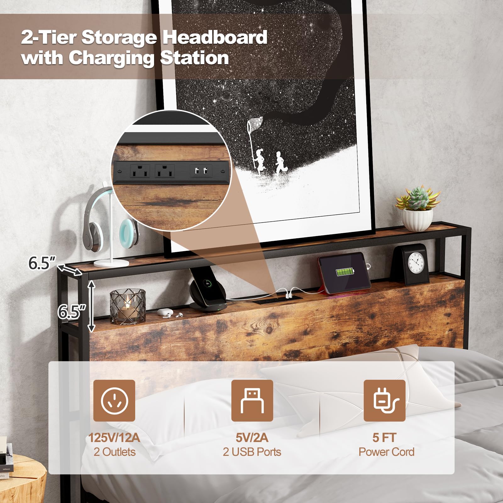 Giantex Queen Bed Frame with 2 Storage Drawers & USB Charging Station, Industrial Metal Platform Bed with 2-Tier Headboard Storage, Rustic Mattress Foundation with Reinforced Slats (No Box Spring Needed) - Perfect for Small Bedrooms, Studio Apartments & Modern Farmhouse Decor