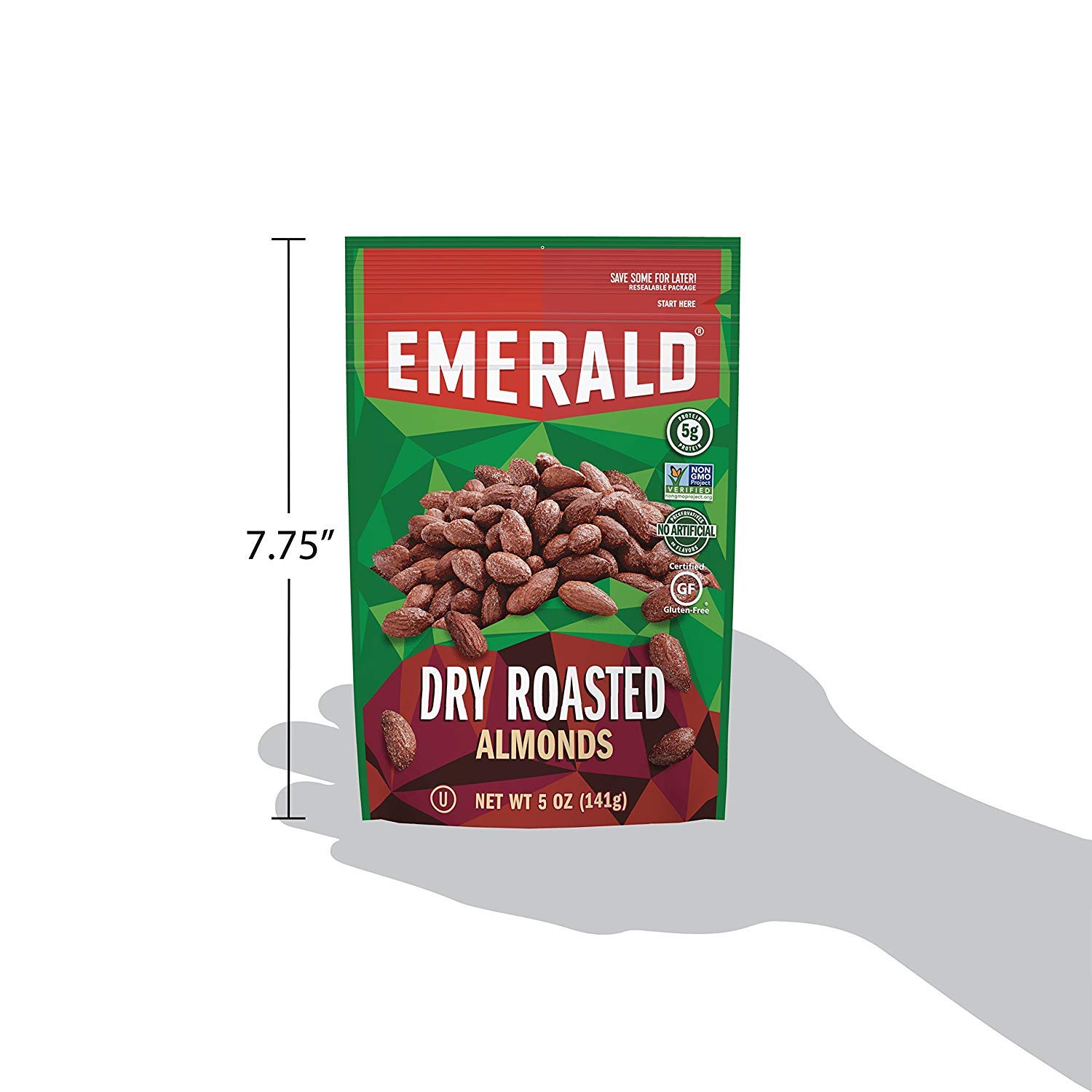 Premium Emerald Dry Roasted Almonds, 5oz (6-Pack) - Resealable Stand-Up Bag for Freshness - Healthy Snack for Office, Gym & Travel