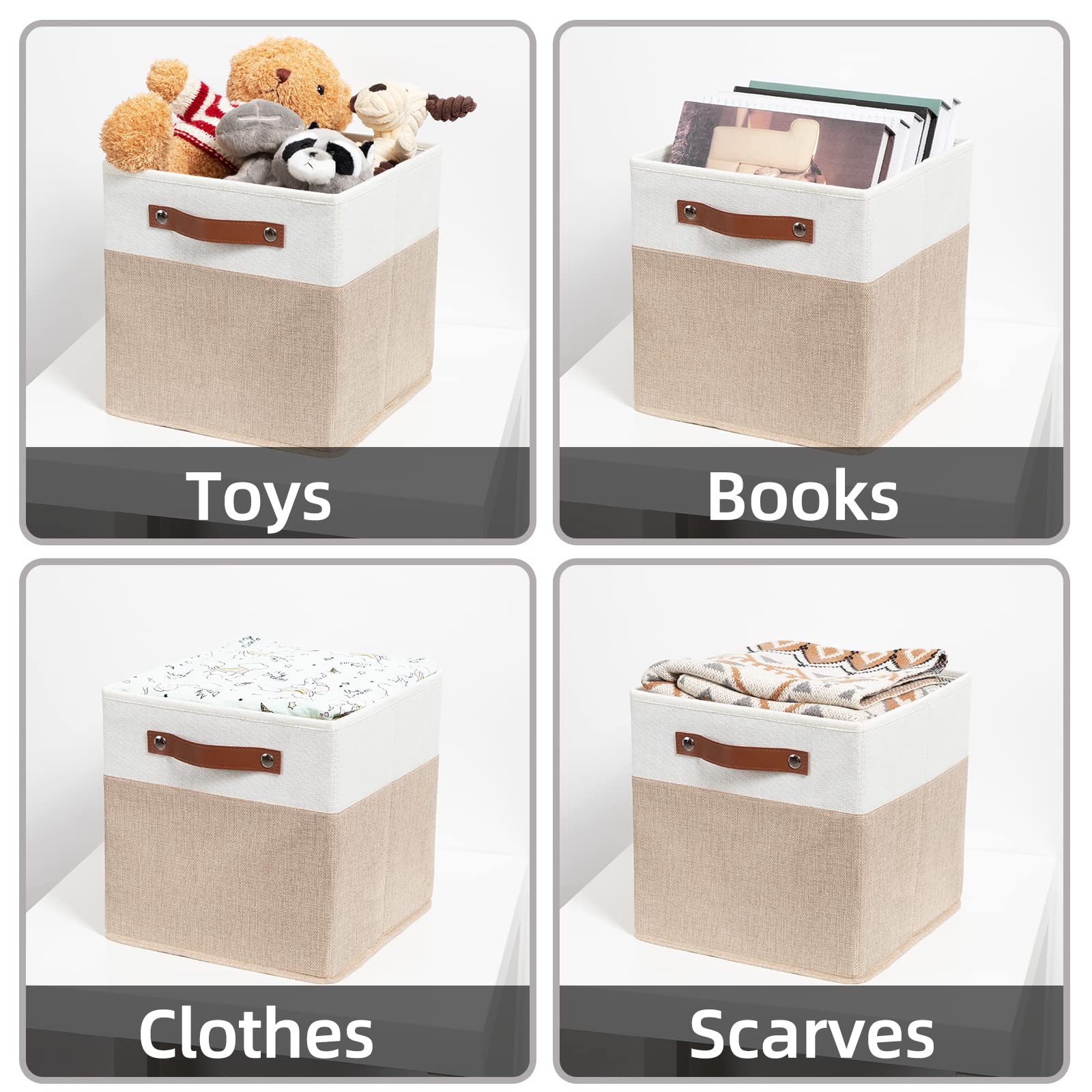 HNZIGE 11x11 Inch Foldable Fabric Storage Bins with Leather Handles - 4 Pack White Beige Storage Cubes for Shelves | Organize Clothes, Toys, Home & Nursery Decor | Space Saving Storage Solution for Bedroom, Closet & Kids Room