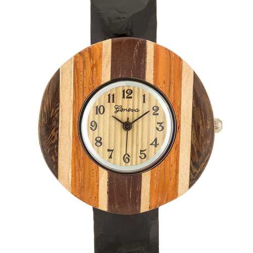 Brenna Black Wood-Inspired Leather Cuff Watch for Women - Stylish Casual & Dressy Timepiece for Everyday Wear, Office, and Special Occasions