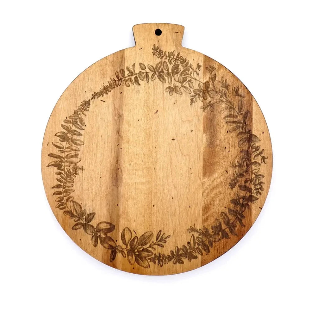 Handcrafted Maple Wood Round Charcuterie Board with Botanical Engraving - Perfect for Cheese Platters, Charcuterie Displays & Entertaining Guests