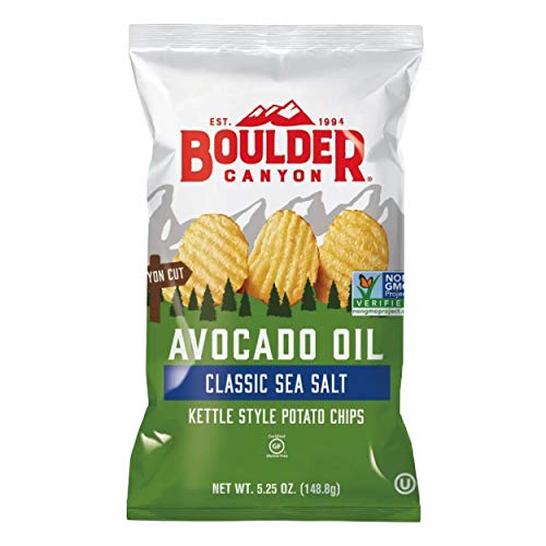 Boulder Canyon Avocado Oil Kettle Cooked Potato Chips - Sea Salt & Wavy Cut, 5.25 oz (12 Pack) | 100% Avocado Oil Crunchy Snacks | Perfect for Dips, Lunch Boxes, Parties & Movie Nights | Healthy Gluten-Free Snack Alternative