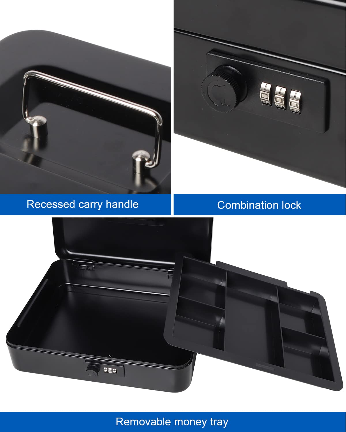 Large Metal Cash Box with Combination Lock - Secure Money Storage Box with Money Tray (11.8 x 9.5 x 3.54 Inches, Black) - Ideal for Home, Office, Retail Stores & Small Business Cash Management