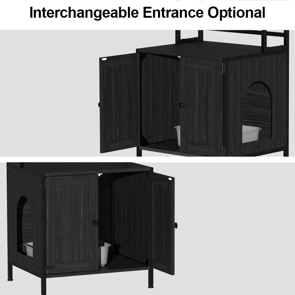 Tohomeor Black Wooden Cat Litter Box Enclosure with Shelves & Doors - Hidden Litter Box Furniture for Indoor Cats | Pet Washroom Storage Cabinet & Industrial Style Cat House for Living Room or Bedroom