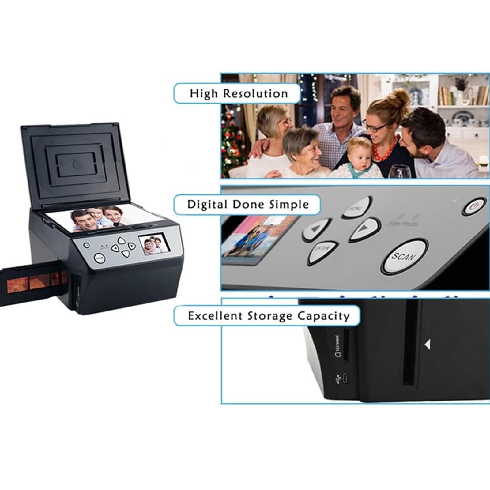 35mm Slide & Film Scanner - Convert Color/B&W Negatives to Digital - USB Output for 110 Film, Slides, Photos & Documents - Multi-Function Combo Scanner for Home & Office Use