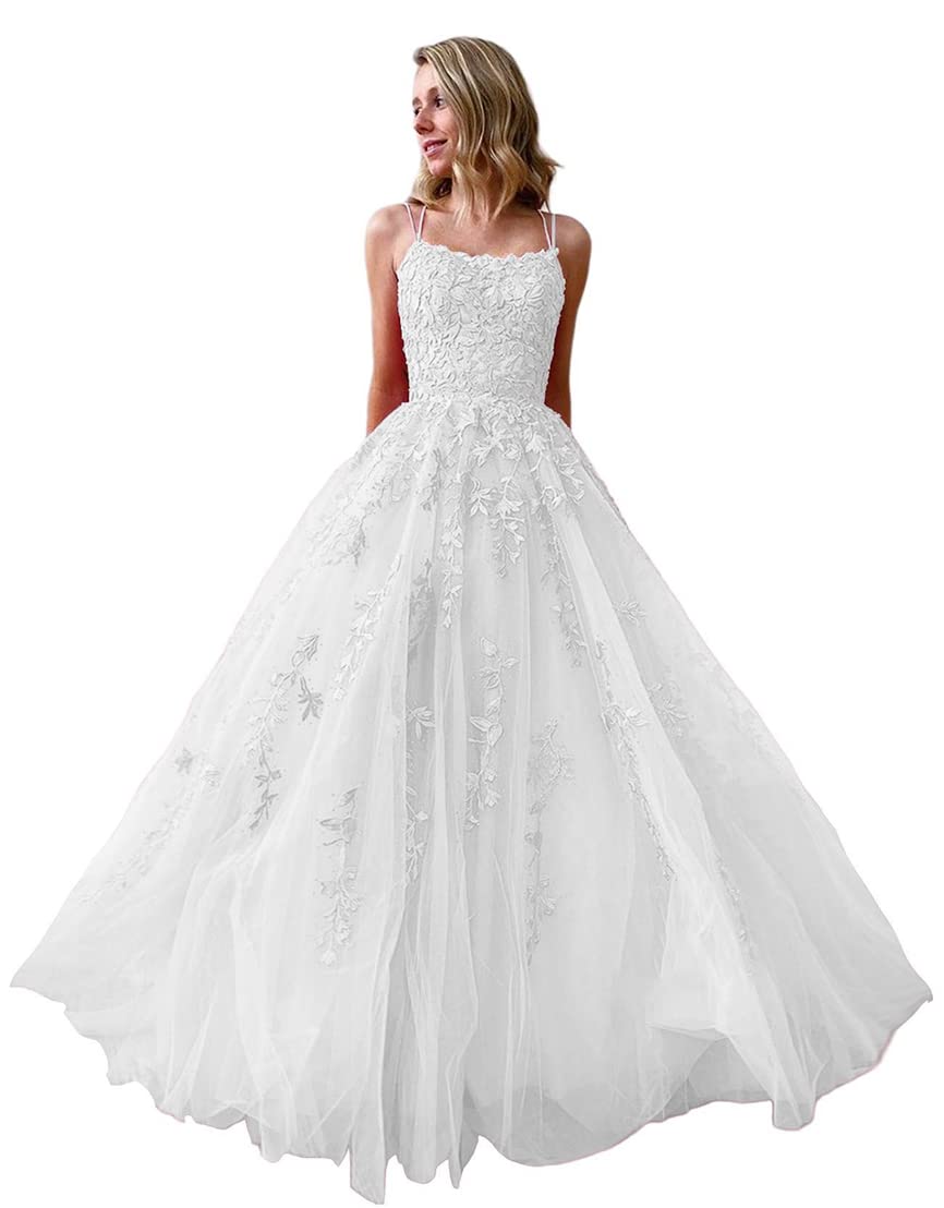 Elegant White Lace Appliques A-Line Prom Dress with Spaghetti Straps & Train - Formal Evening Gown for Women, Quinceanera, Homecoming, Wedding Guest Dress - Size 14