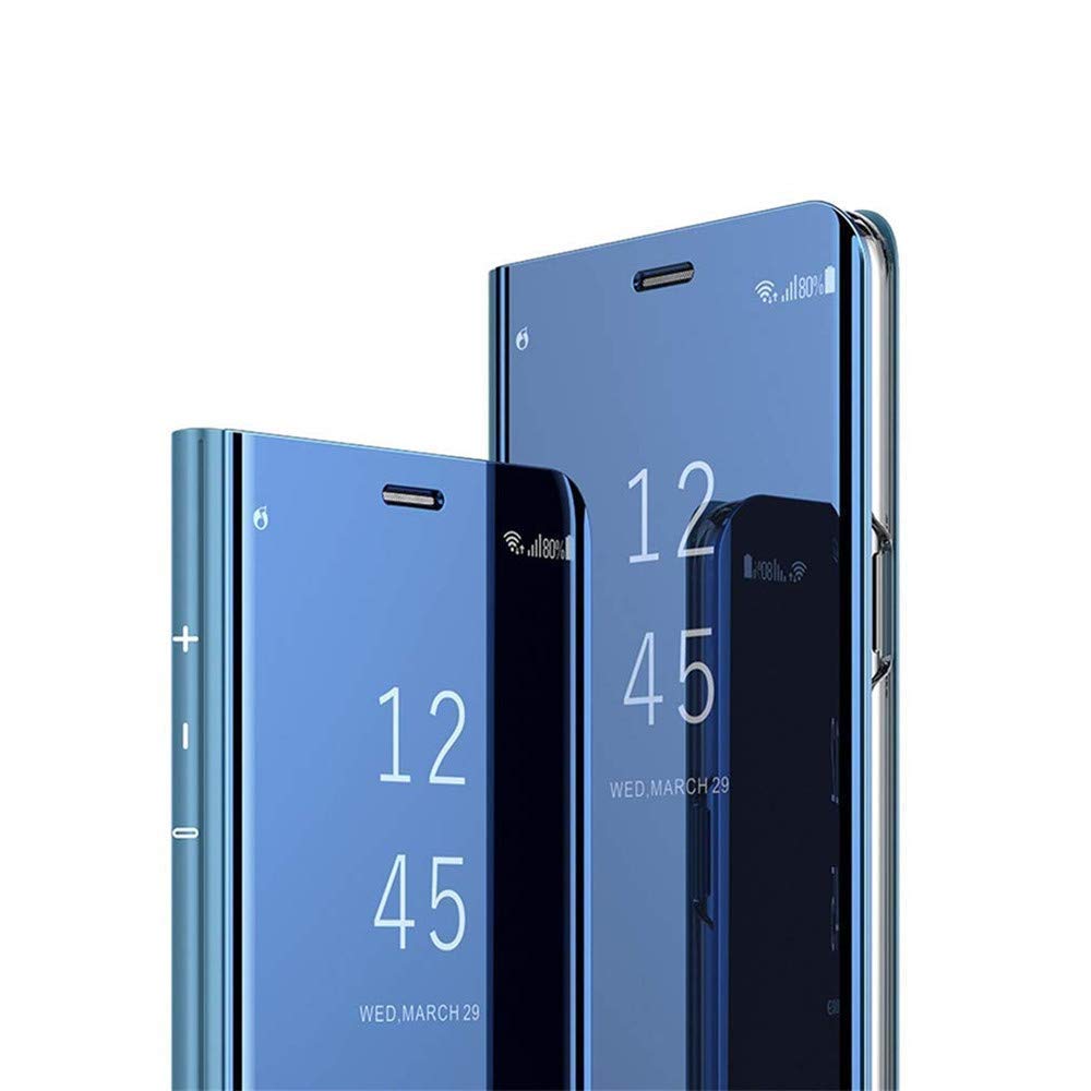 LEECOCO Slim Luxury Clear View Window Mirror Flip Case for Samsung Galaxy A71 - Electroplated Kickstand Protective Cover | Ultra Thin Full Body Design | Perfect for Work, Travel & Everyday Use (Mirror PU Blue)