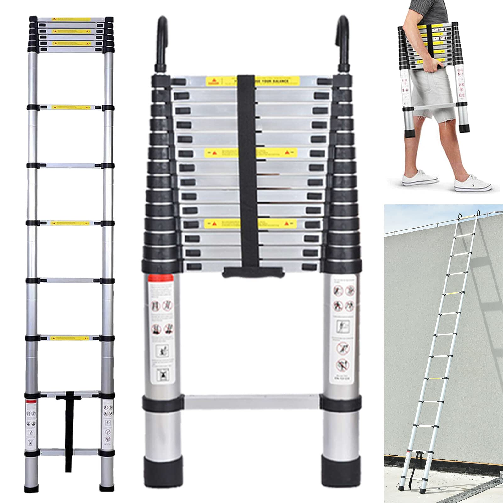 14.5FT Aluminum Collapsible Telescoping Ladder - Lightweight Extension Ladder with 330LB Capacity for Roofing, Home & Business Use | Adjustable Height, Easy Storage & EN131 Safety Certified | Perfect for Roof Repairs, Warehouse Access & Indoor Maintenance