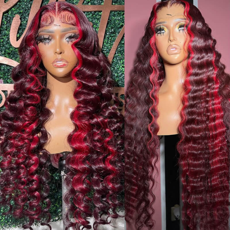 Eullair Burgundy Wine Red Human Hair Lace Front Wig with Crimped Wavy Highlights & Skunk Stripe - Heat Resistant for Styling with Curling Iron, Perfect for Cosplay, Parties & Daily Fashion
