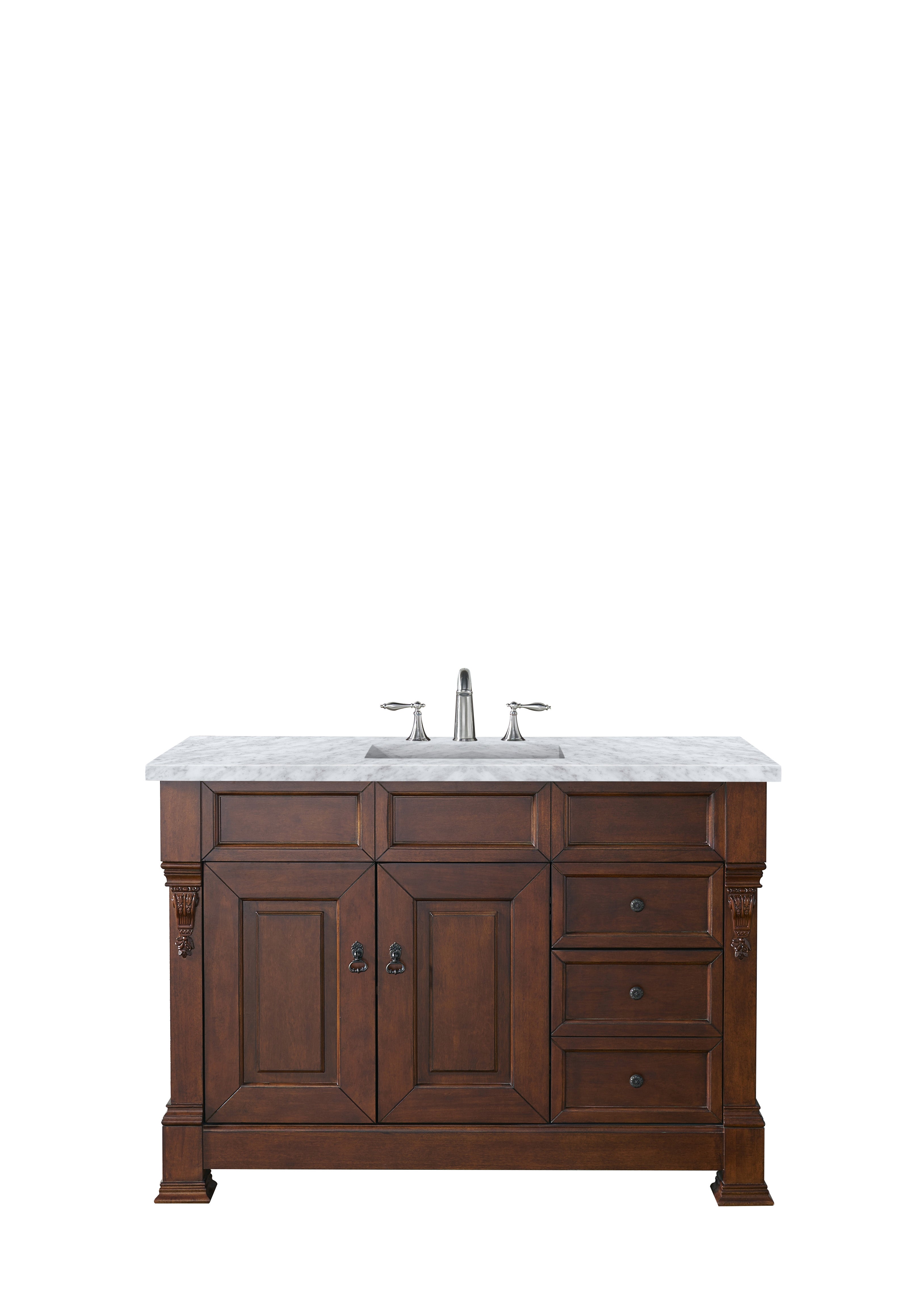 Brookfield 48 Inch Single Bathroom Vanity with Warm Cherry Finish & 3CM Carrara Marble Top - Perfect for Modern Home Bathroom Renovation