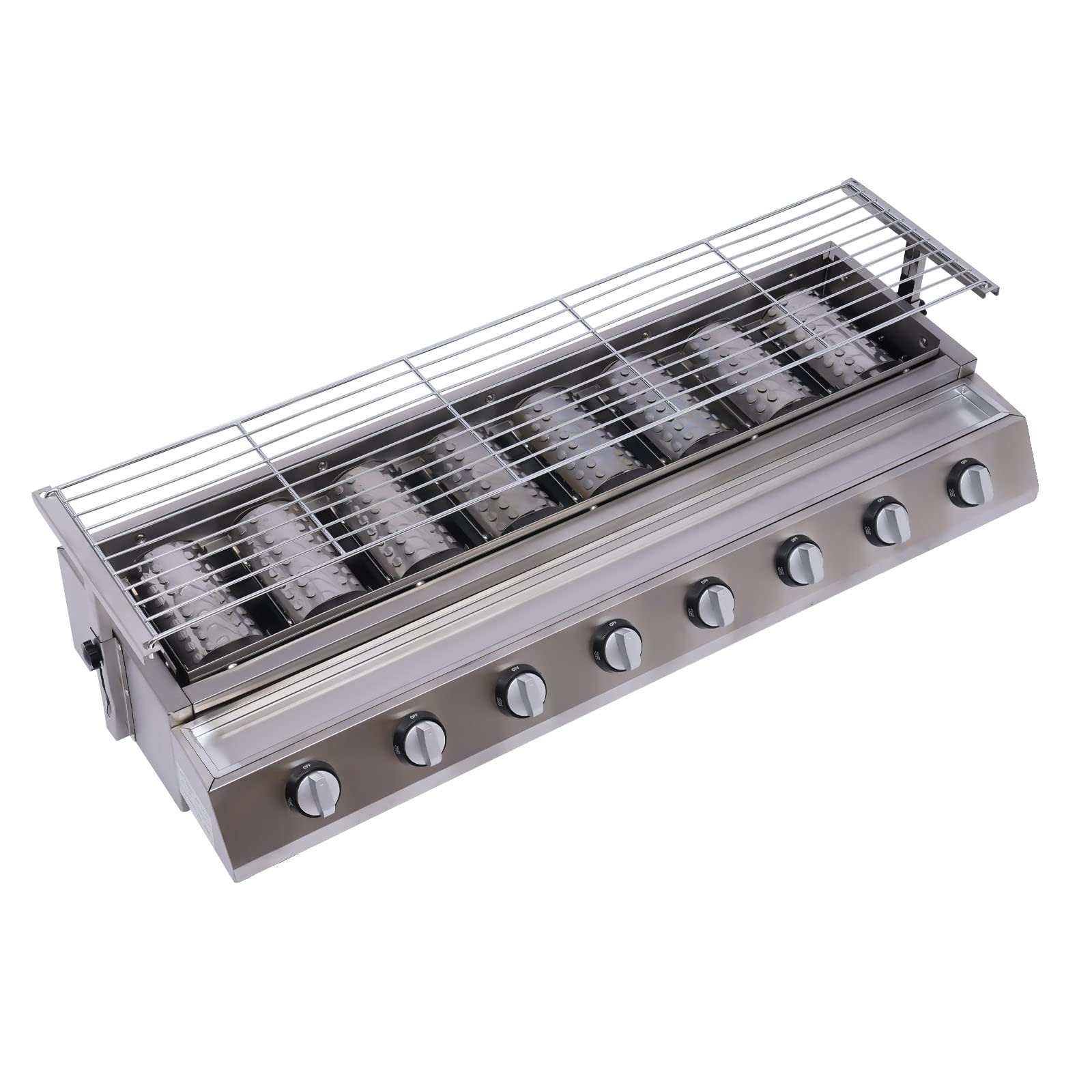 8 Burner Commercial Gas Countertop Griddle - LPG Propane Indoor Smokeless BBQ Grill for Steak & Yakitori - Adjustable Height with Removable Grill Net - Perfect for Restaurants, Food Trucks & Outdoor Catering