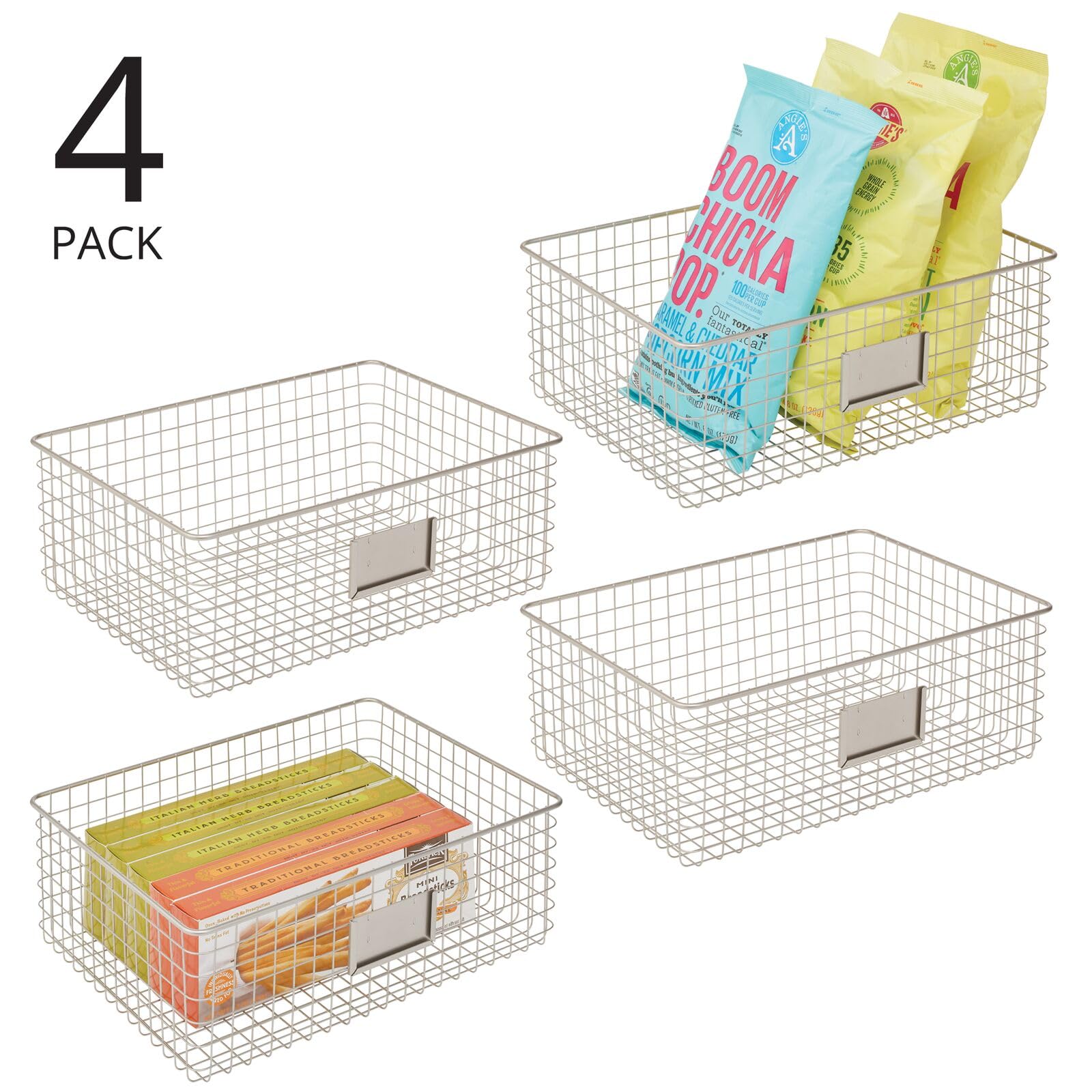 mDesign Wide Steel Wired Storage Organizer Bins with Label Slots - 4 Pack Satin Finish for Kitchen Pantry, Cabinet & Home Organization | Perfect for Food Storage, Snacks, Produce & Drinks | Omaha Collection | Ideal for Pantry Shelving, Refrigerator Organization & Closet Storage