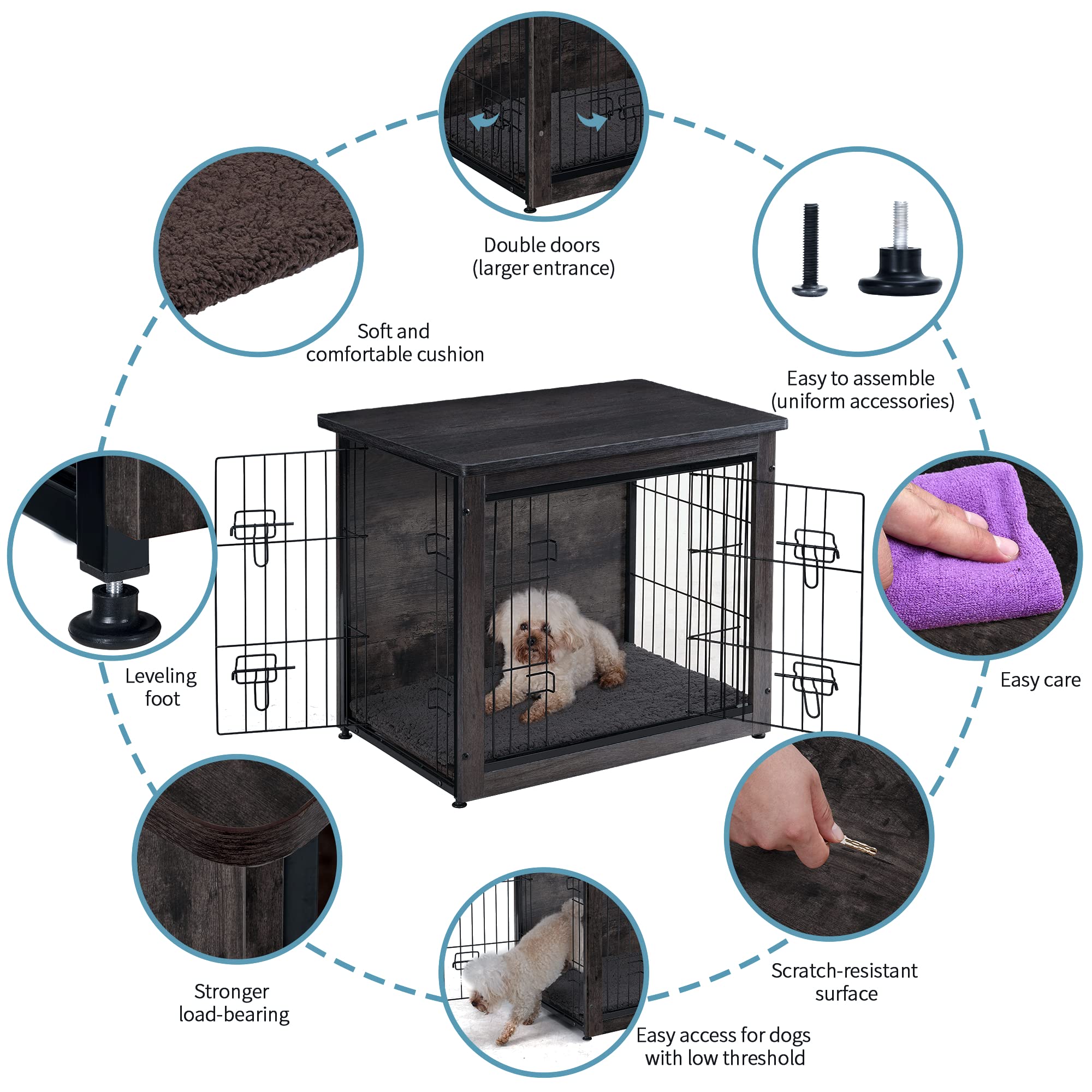 DWANTON Wooden Dog Crate Furniture with Removable Cushion - Indoor Pet Kennel Table with Double Doors - Small/Medium/Large/XL Size (27.2