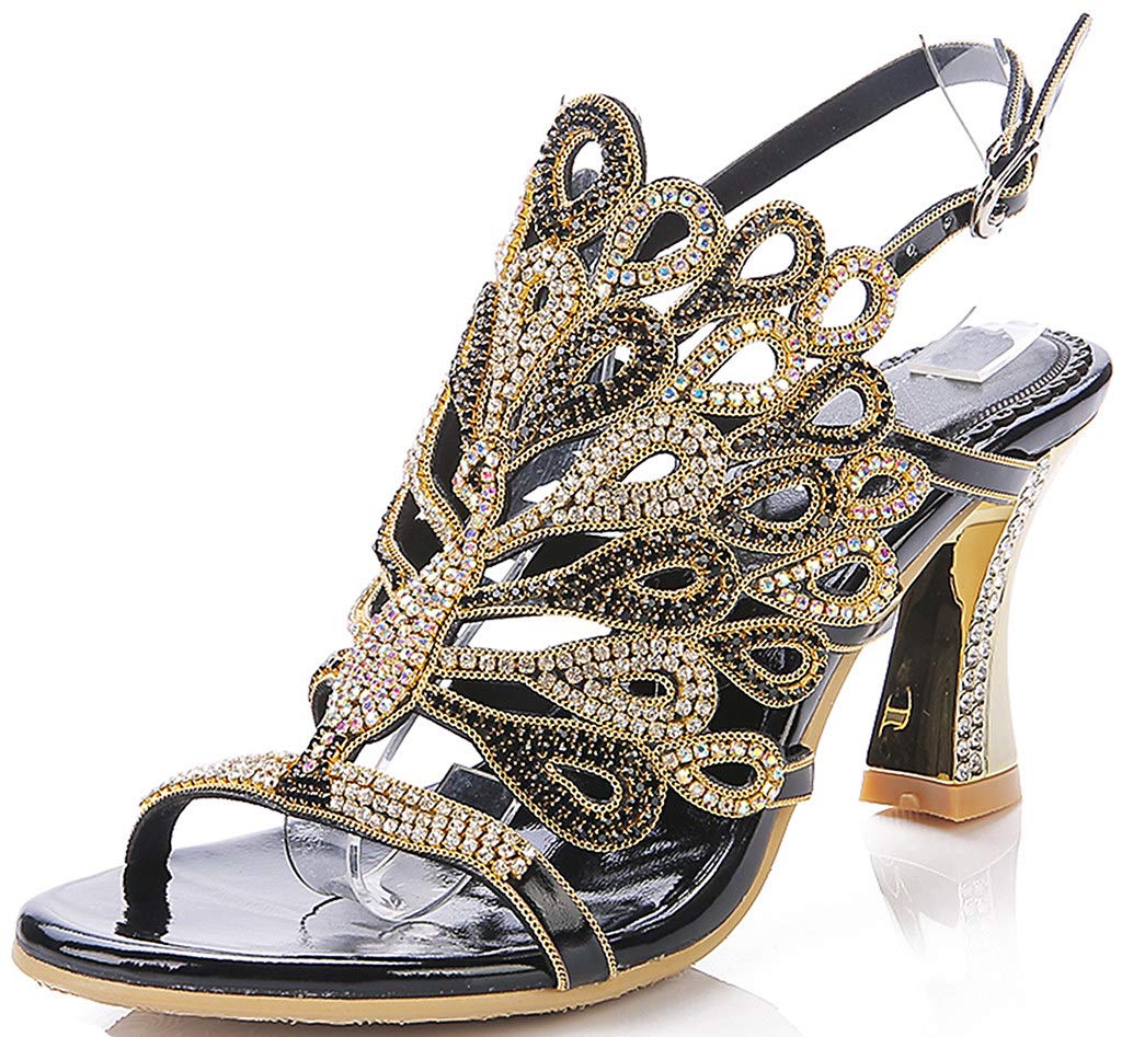 LizFoYa Women's Rhinestone Peacock Wedding Sandals - Elegant Evening Dress Shoes with Chunky High Heels for Bridal Party, Prom, and Formal Occasions