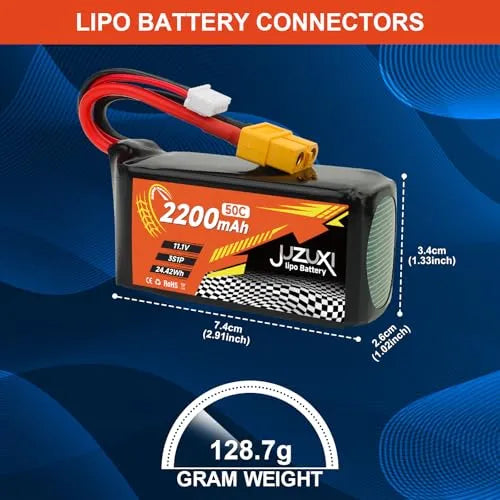 2 Pack 11.1V 2200mAh 3S 50C Lipo Battery Rechargeable Lithium Polymer RC Battery with XH & XT60 Connectors for RC Cars, Drones, Airplanes, Helicopters - Perfect for FPV Racing and RC Hobbyists