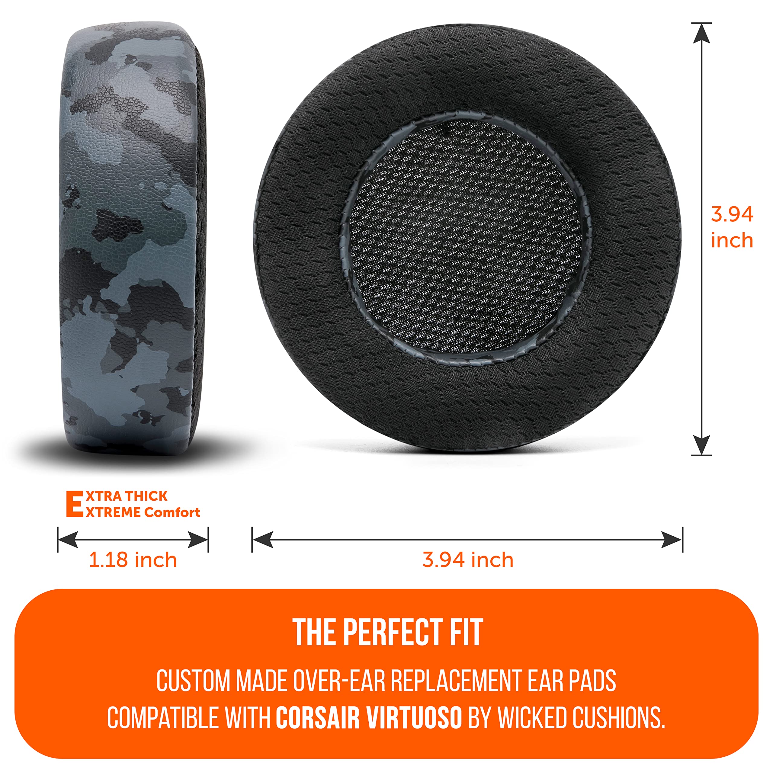 Wicked Cushions WC Freeze Virtuoso Cooling Gel Earpads for Corsair Virtuoso Gaming Headset - Hybrid Fabric, Enhanced Durability, Noise Isolation, Black Camo Design | Perfect for Long Gaming Sessions & Hot Climates