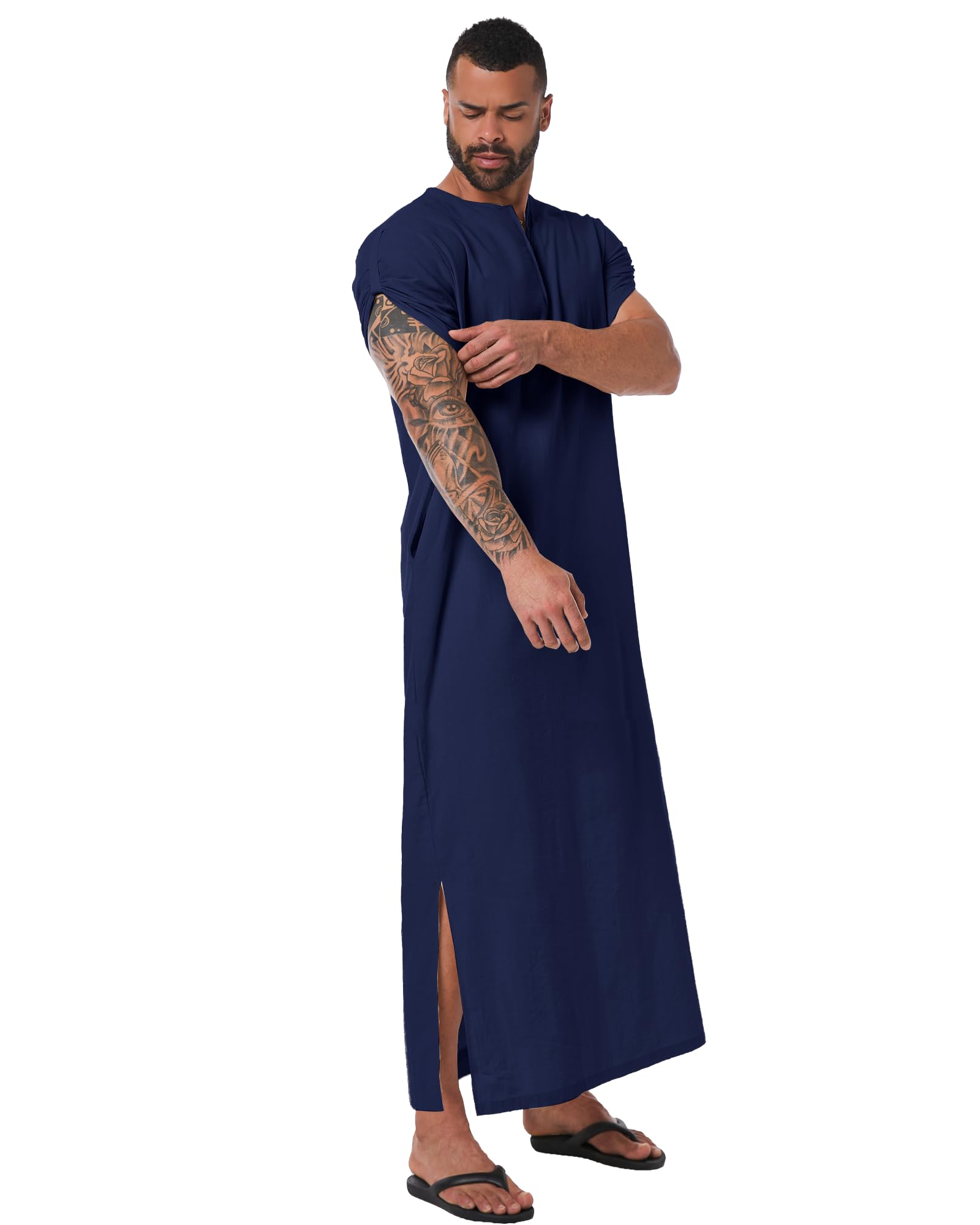 YAOHUOLE Men's Islamic Thobe - Short Sleeve Arabic Robe with Pocket - Comfortable Muslim Prayer Dress for Mosque & Daily Wear