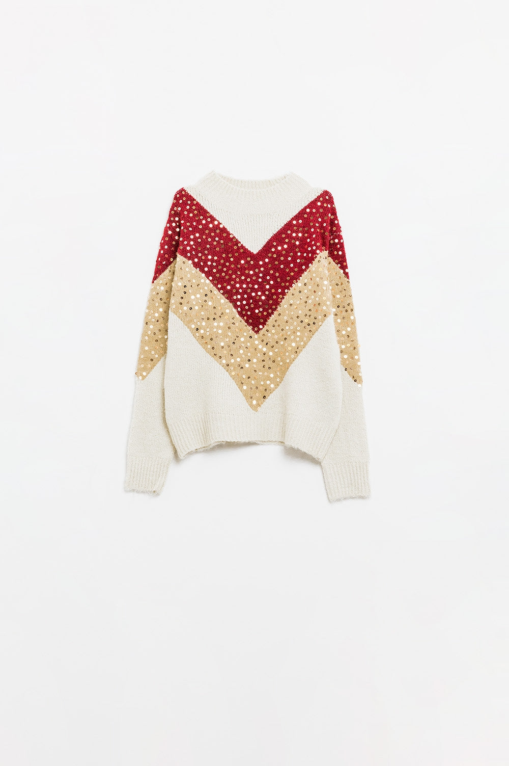Color Block Bordeaux & Beige Knit Pullover Sweater with Sparkle Embellishments | Women's Fashion Winter Wear for Office & Holiday Parties
