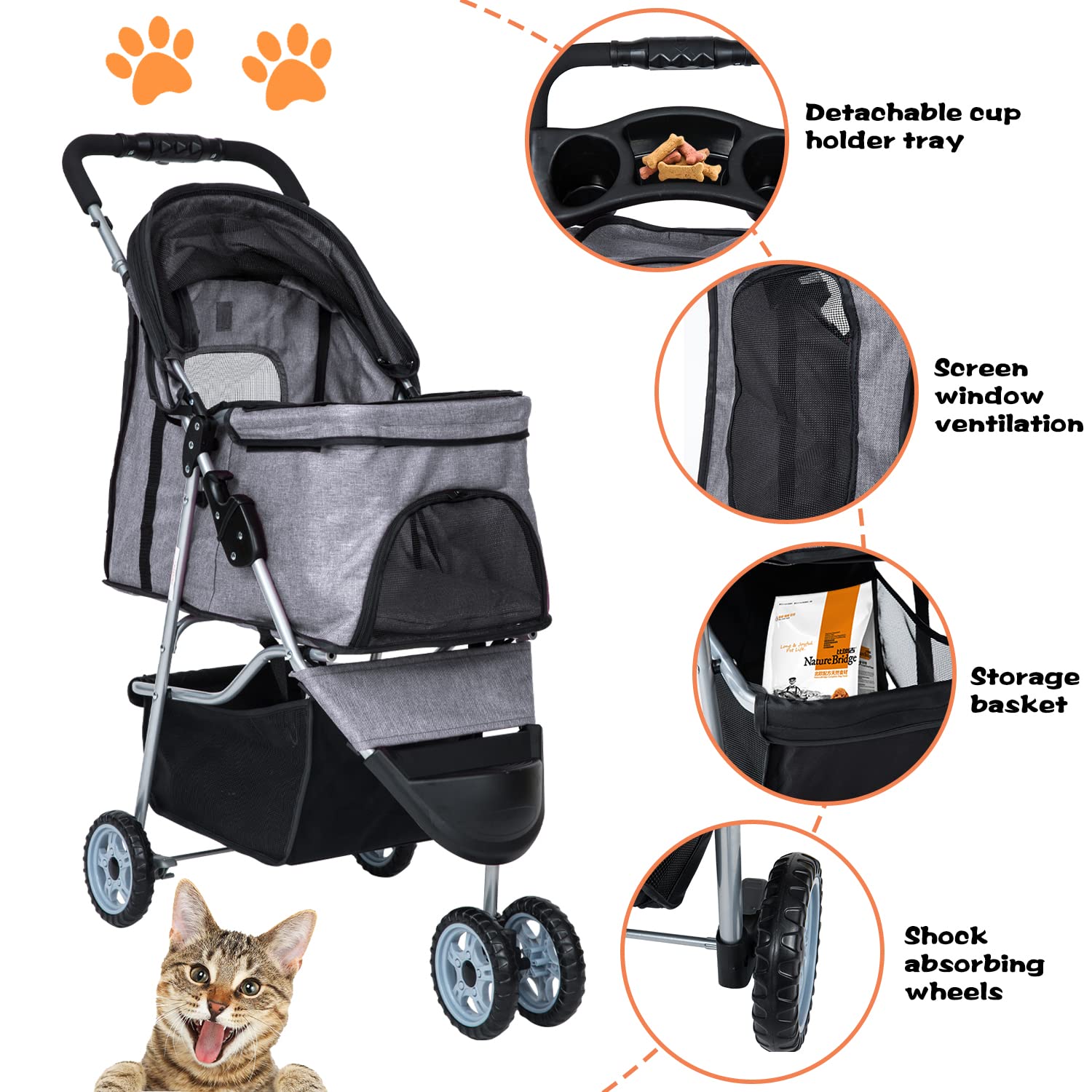 Lightweight Waterproof Folding Dog Stroller for Small & Medium Dogs & Cats - Travel Pet Stroller with Storage Basket, Grey | Perfect for Outdoor Walks, Vet Visits & Shopping Trips