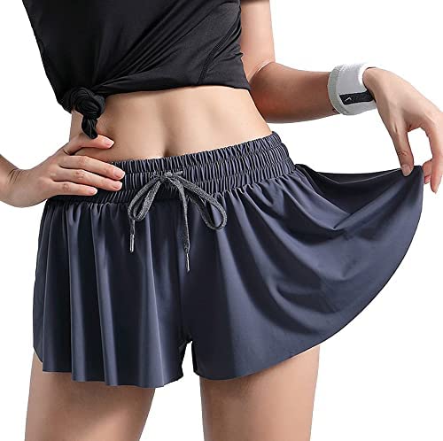 Kiki Kona 2-in-1 Flowy Running Shorts with Built-in Skirt - Women's Athletic Tennis Skirt Shorts with Butterfly Design (Grey, Size S) | Perfect for Running, Yoga, Tennis & Casual Wear
