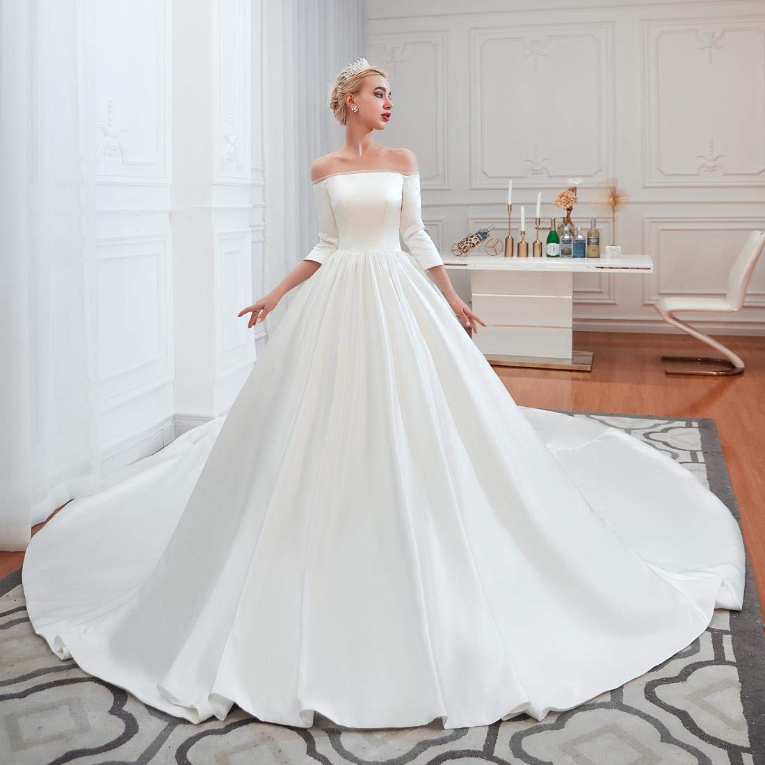 Elegant Ivory Off-the-Shoulder Satin Corset Wedding Dress for Women - Perfect for Bridal Gowns, Evening Balls & Formal Occasions