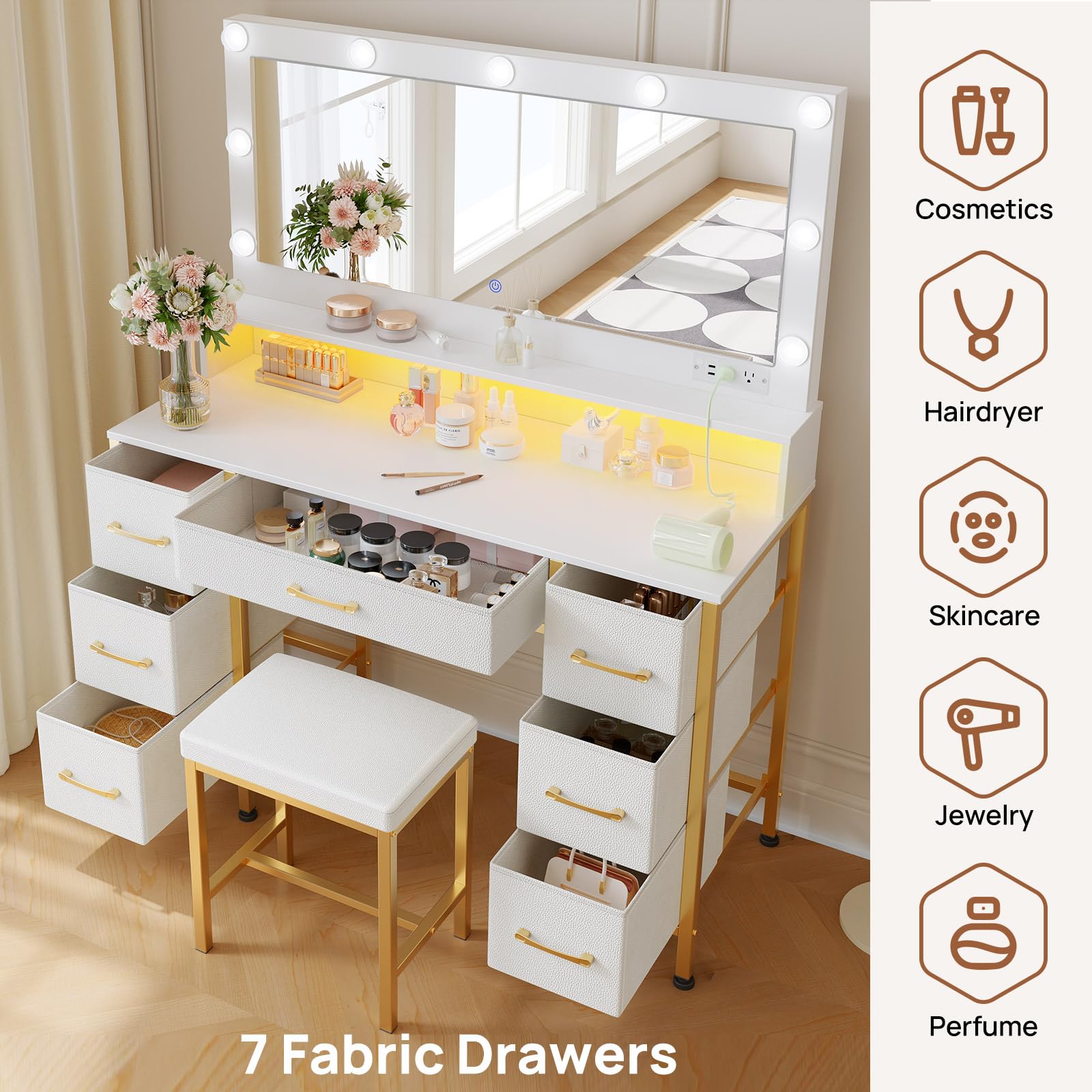 Rolanstar White and Gold Vanity Desk with Mirror & LED Lights - Makeup Vanity Set with Upholstered Stool, 7 Fabric Drawers, 9 LED Bulbs & Power Outlets - RGB Strip Lighting for Bedroom, Dressing Room & Beauty Salon