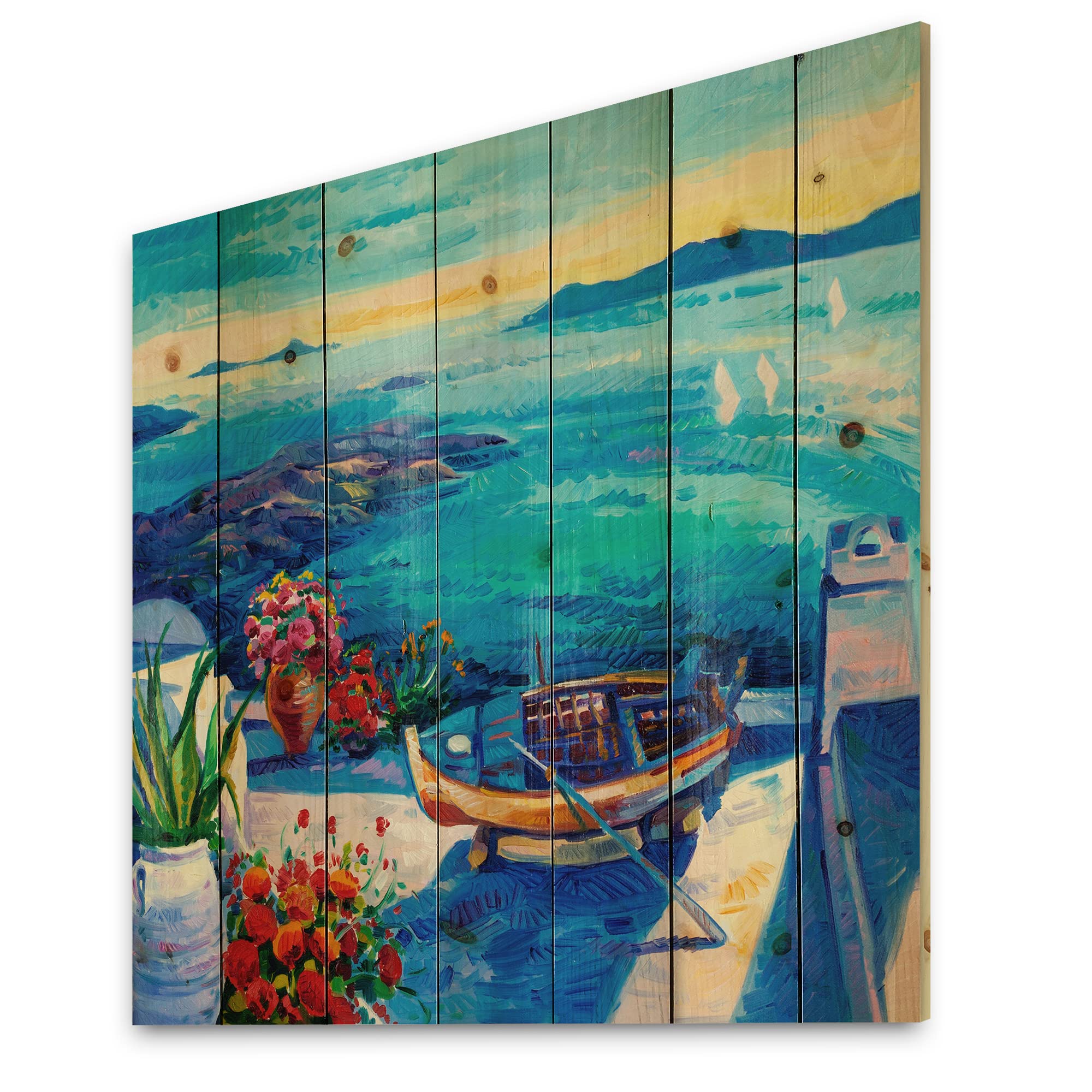 Nautical Coastal Wood Wall Art - Sea View with Red Flowers, Blue Wood Wall Decor, Large Landscape Pine Wood Panels | Perfect for Beach House, Living Room & Office Decor