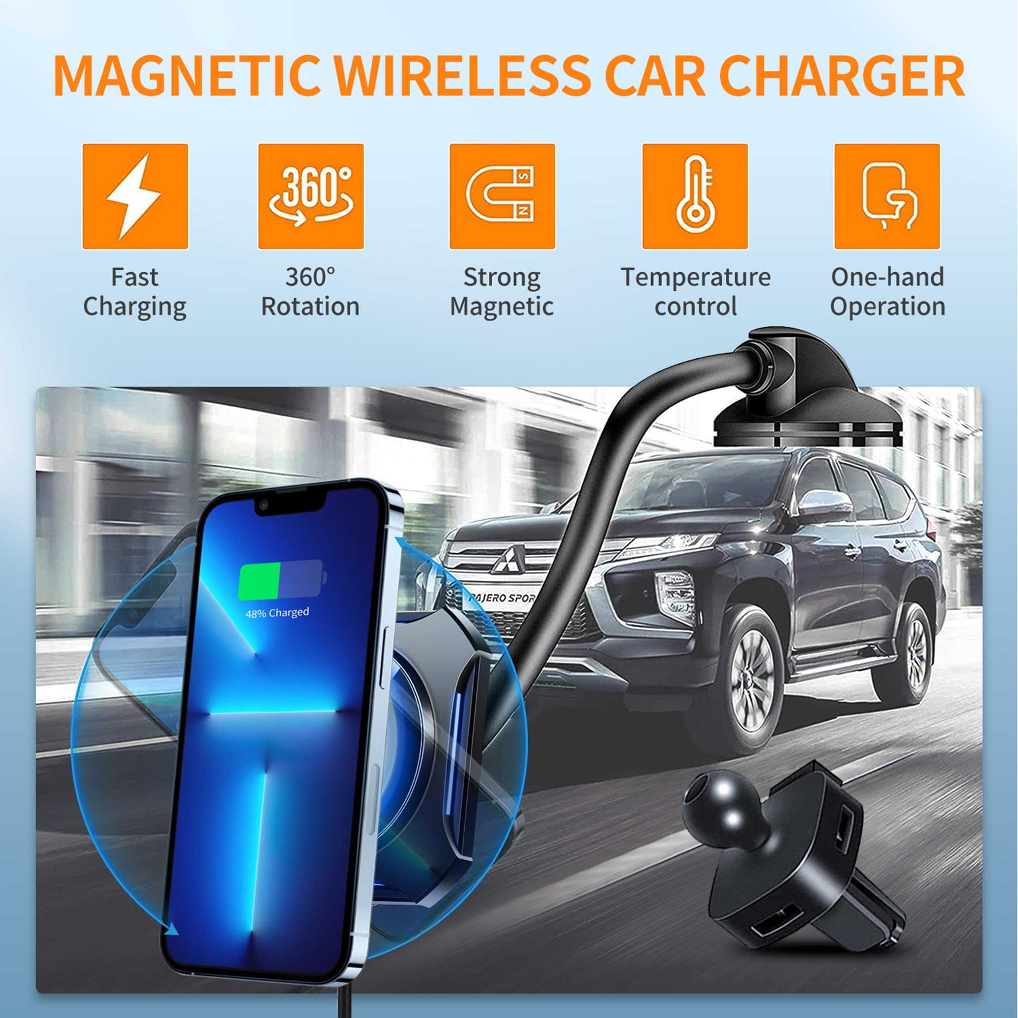 OTAO Magsafe Car Mount Wireless Charger - Fast Charging Magnetic Phone Holder for iPhone 15/14/13/12 Pro Max - Air Vent & Dashboard Car Accessories - Perfect for Commuting & Road Trips