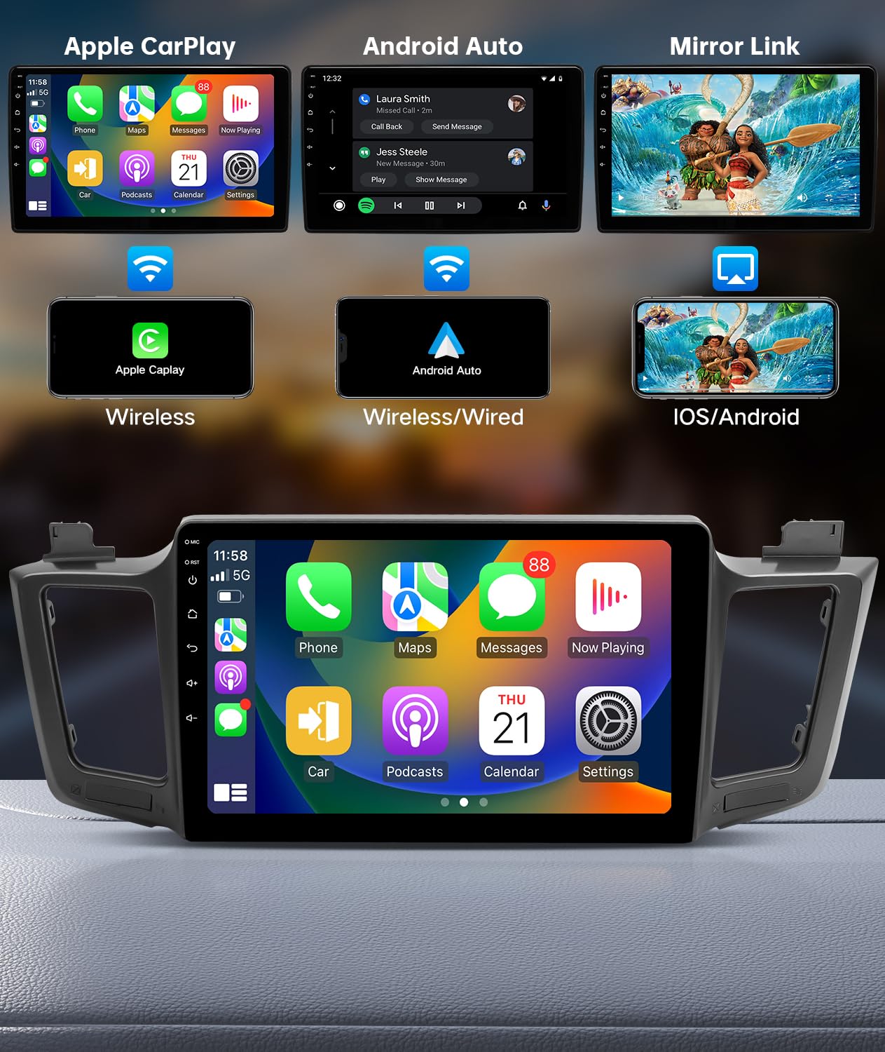 10.2 Inch Android 13 Car Stereo with Wireless Apple CarPlay & Android Auto | QLED Touchscreen | 6GB RAM 128GB ROM | Compatible with 2013-2018 Toyota RAV4 | Steering Wheel Control | Perfect for Navigation, Music Streaming & Hands-Free Calling