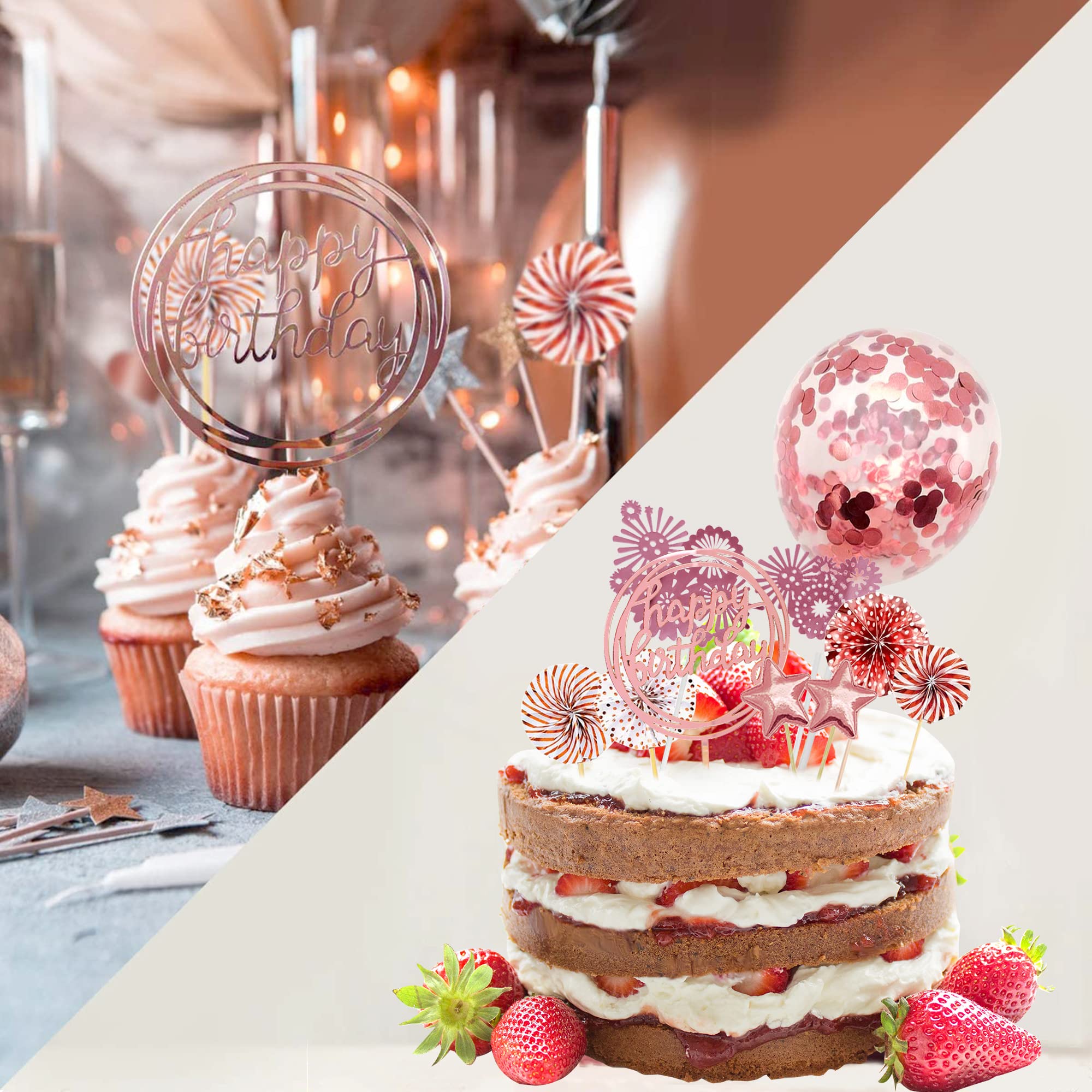 13-Piece Rose Gold Cake Toppers Kit - Cupcake Decorations with Paper Fans, Confetti, Balloons & Stars for Birthday Party | Perfect for Rose Gold Themed Celebrations, Baby Showers, Weddings & Anniversary Cakes