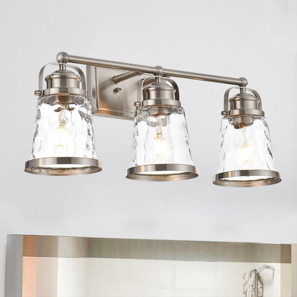 Modern 3-Light Bathroom Vanity Lighting Fixture with Hammered Glass Shades - Brushed Nickel Wall Sconce for Bedroom, Kitchen & Bathroom Mirror - Perfect for Makeup, Shaving & Task Lighting