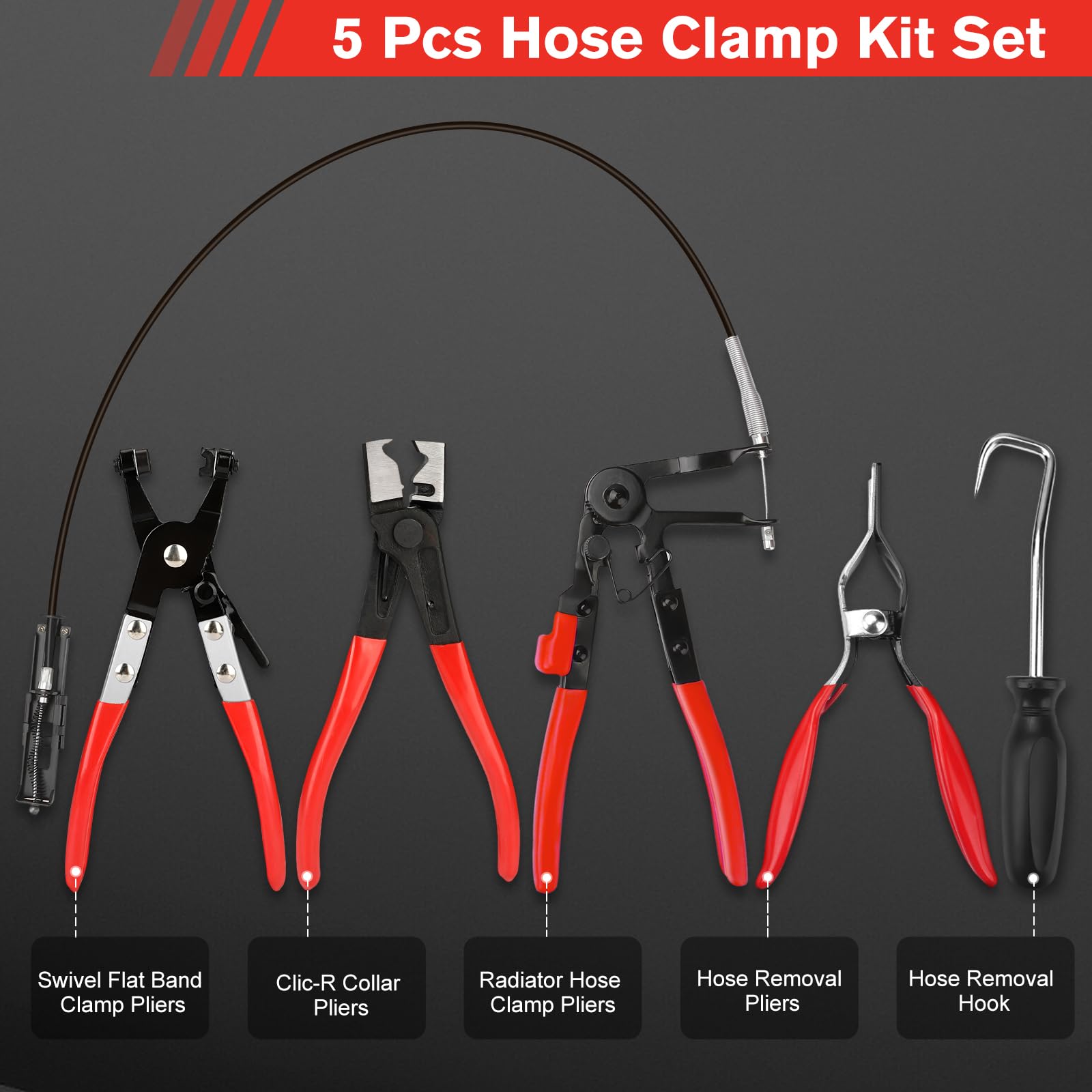 5-Piece Hose Clamp Pliers Set - Long Reach Wire Hose Clamp Tool for Fuel, Oil & Water Hoses - Professional Automotive Repair Tools for Mechanics & DIY Car Maintenance