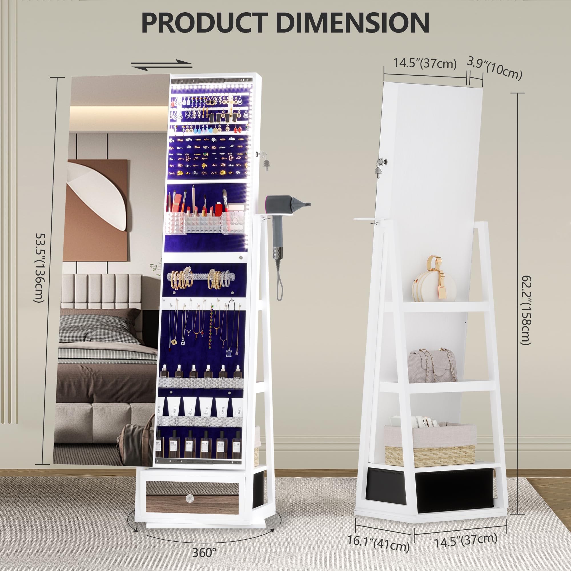 Full Length Mirror with Jewelry Armoire Storage - 360° Rotating Standing Jewelry Organizer Cabinet with LED Lights, Sliding Mirror & Large Capacity for Bedroom, Dressing Room, Closet (White) - Perfect for Organizing Necklaces, Rings & Accessories