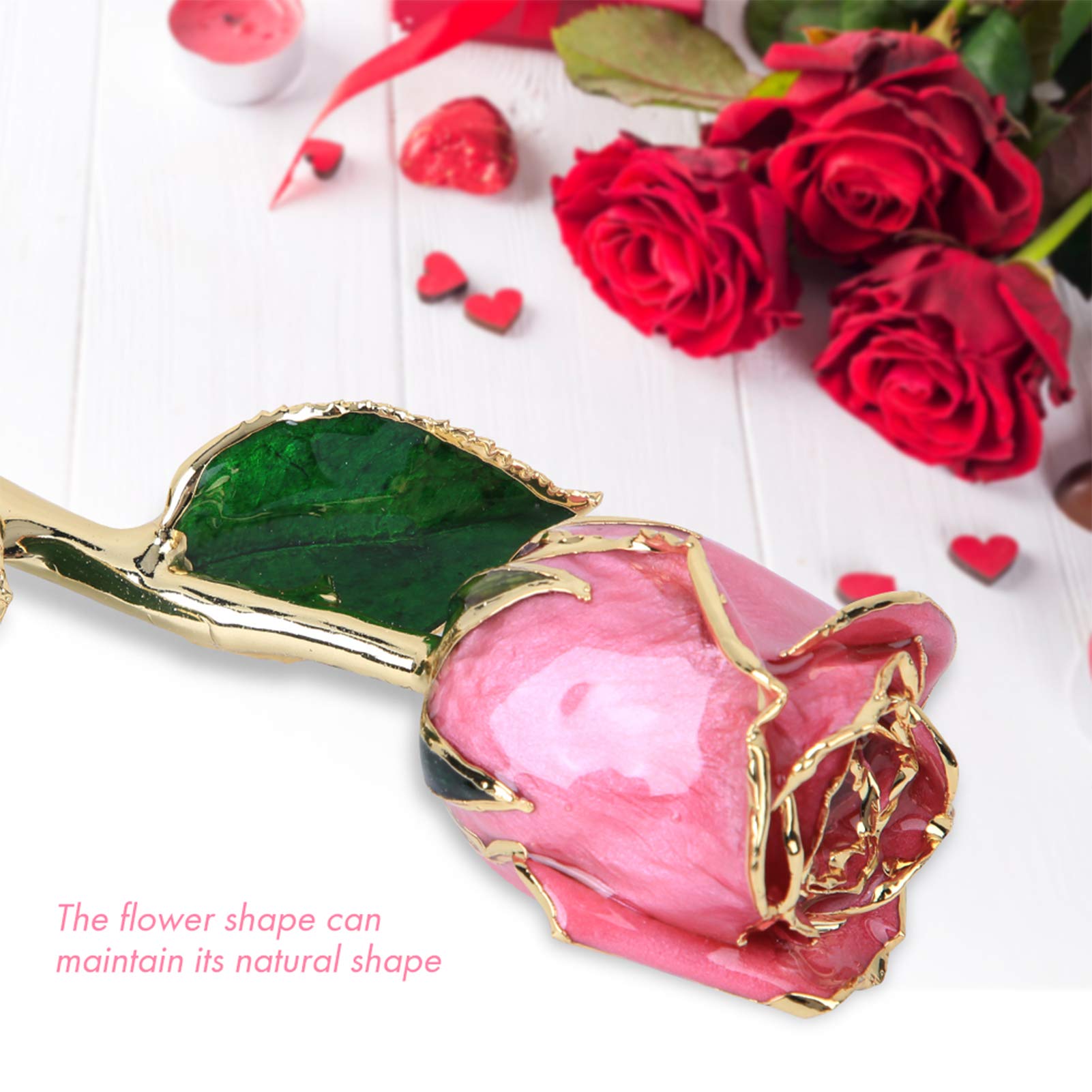 24K Gold-Plated Preserved Rose Flower Gift - Handmade Artificial Rose with Green Leaf & Base - Perfect for Wedding Decor, Mother's Day, Anniversary & Romantic Occasions