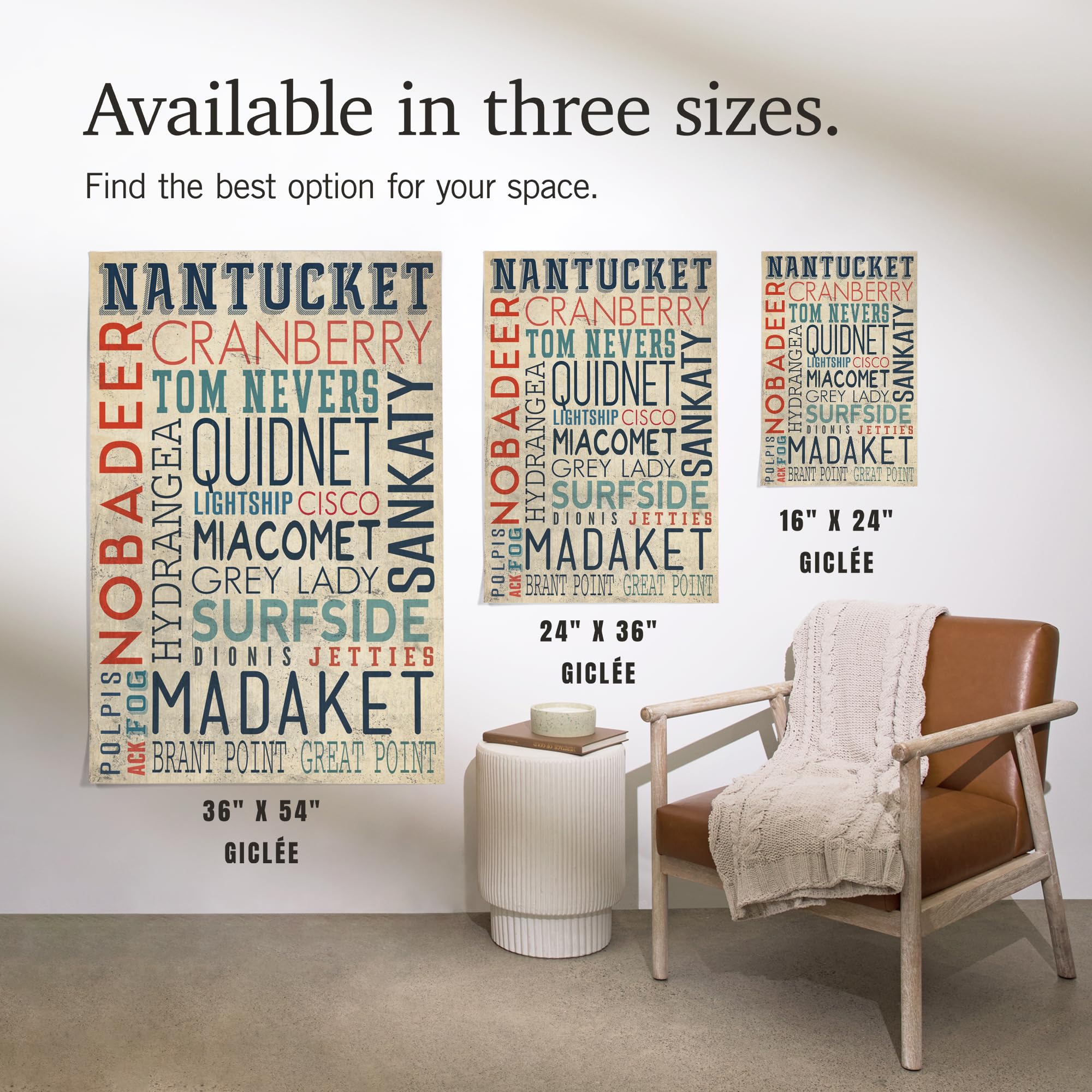 Lantern Press 16x24 Inch Giclee Print - Nantucket Massachusetts Coastal Typography Art - Perfect for Beach House Decor & Coastal Living Room Wall Art