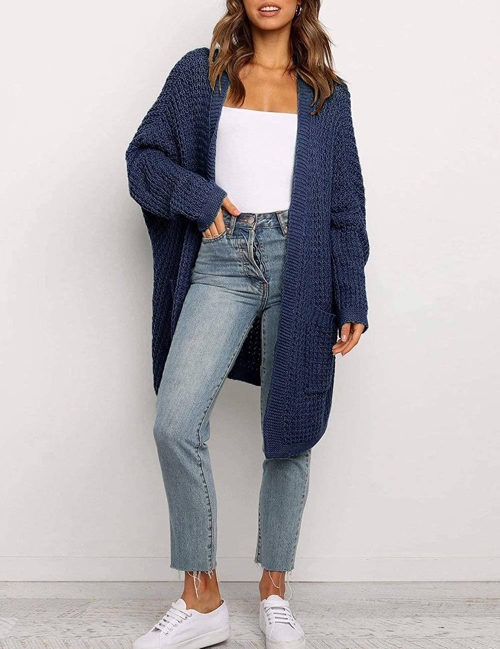 MEROKEETY Women's Oversized Long Cardigan with Batwing Sleeves - Waffle Knit Open Front Sweater Coat for Fall & Winter - Perfect for Layering, Office Wear, and Casual Outfits