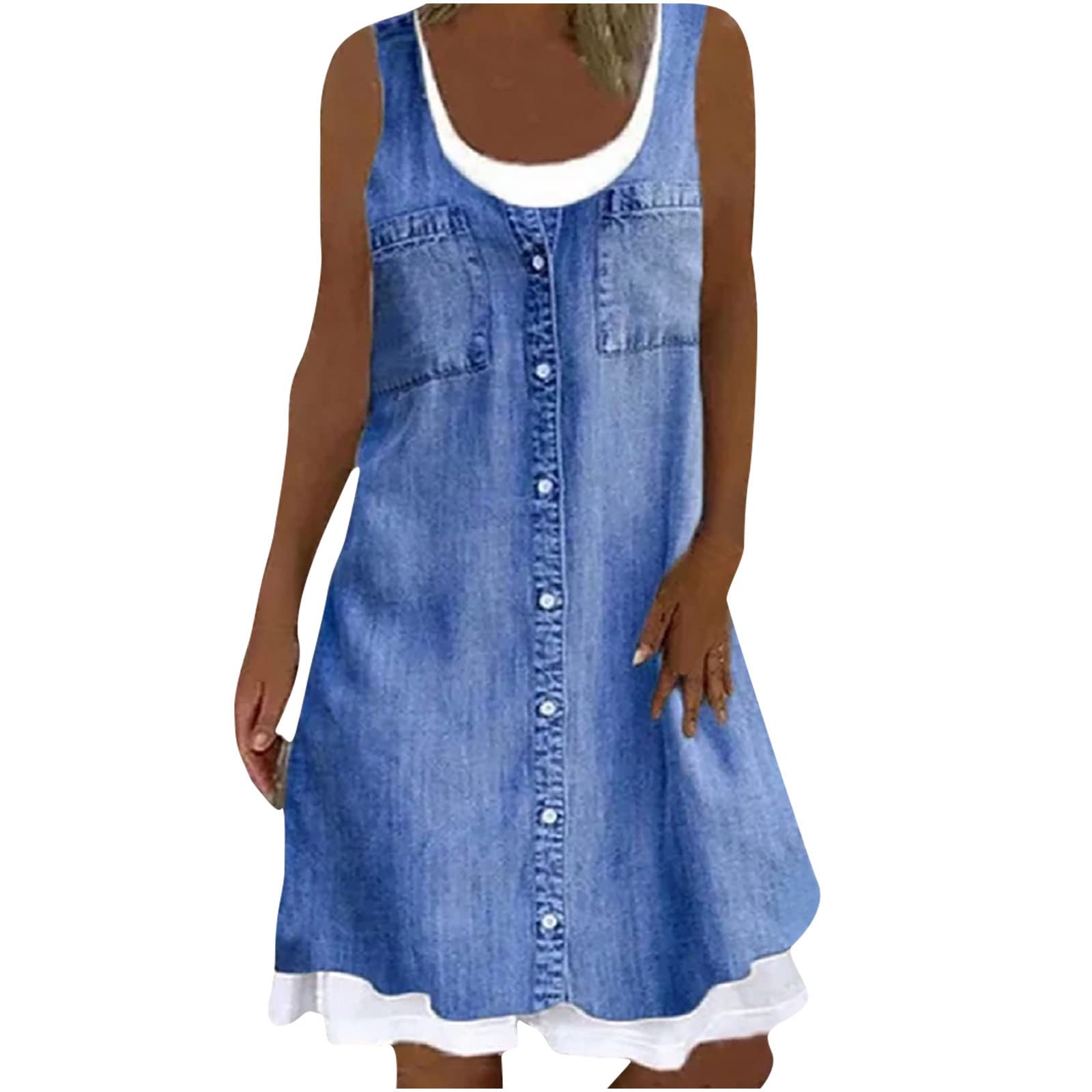 Nzwiluns Women's Floral Print Denim Midi Dress - Sleeveless Loose Fit Casual Sundress & Tunic Top for Summer | Perfect for Beach Outings, Picnics, and Weekend Brunch